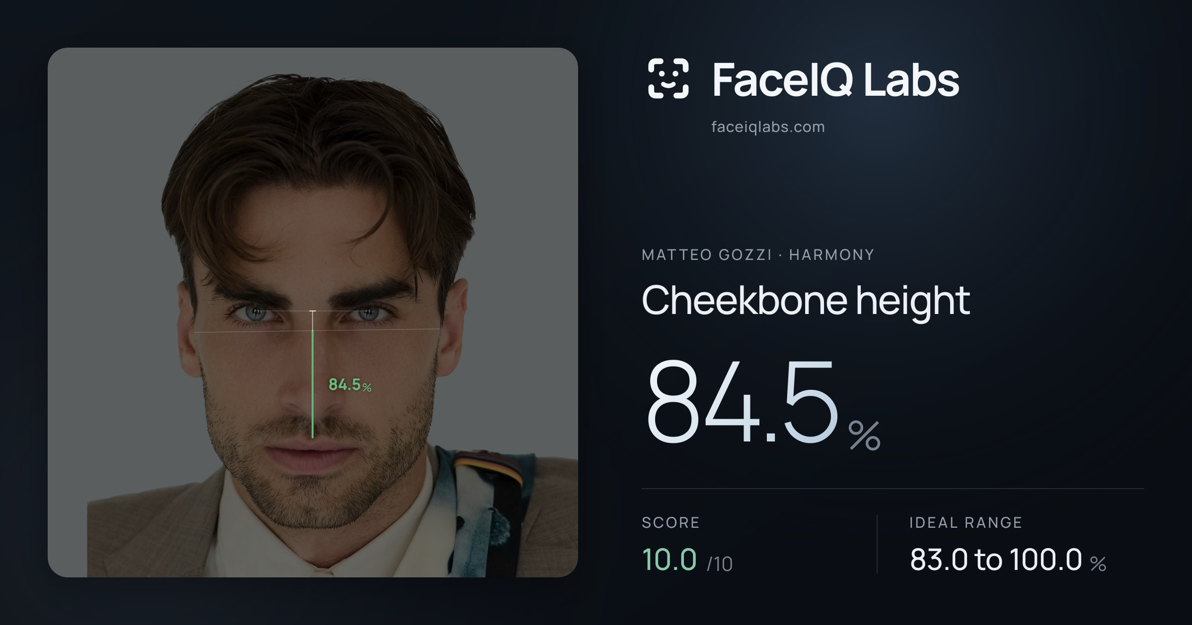Matteo Gozzi Cheekbone height: 84.5%, drawn on the photo