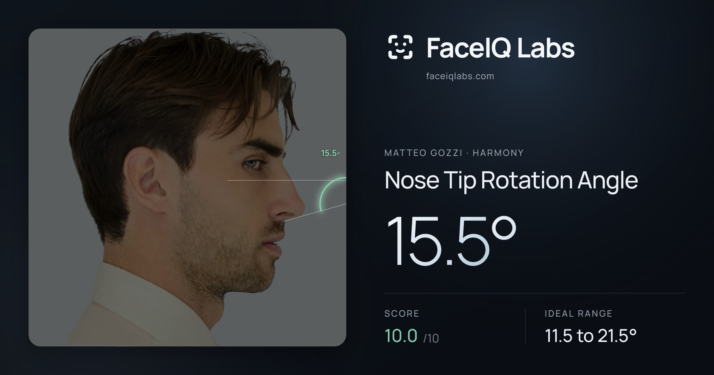 Matteo Gozzi Nose Tip Rotation Angle: 15.5°, drawn on the photo