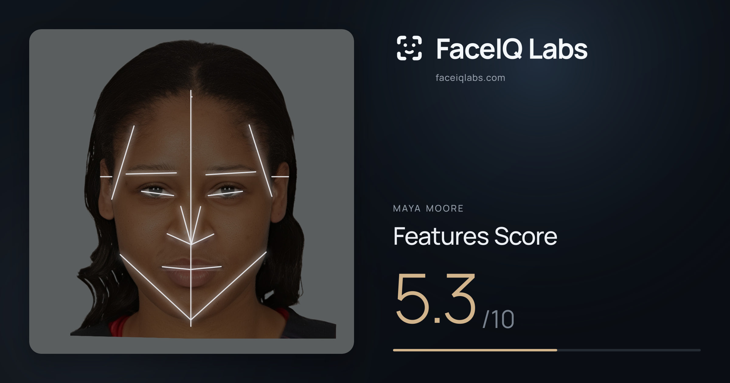 Maya Moore Features: 5.3/10, with each assessment drawn on the photo
