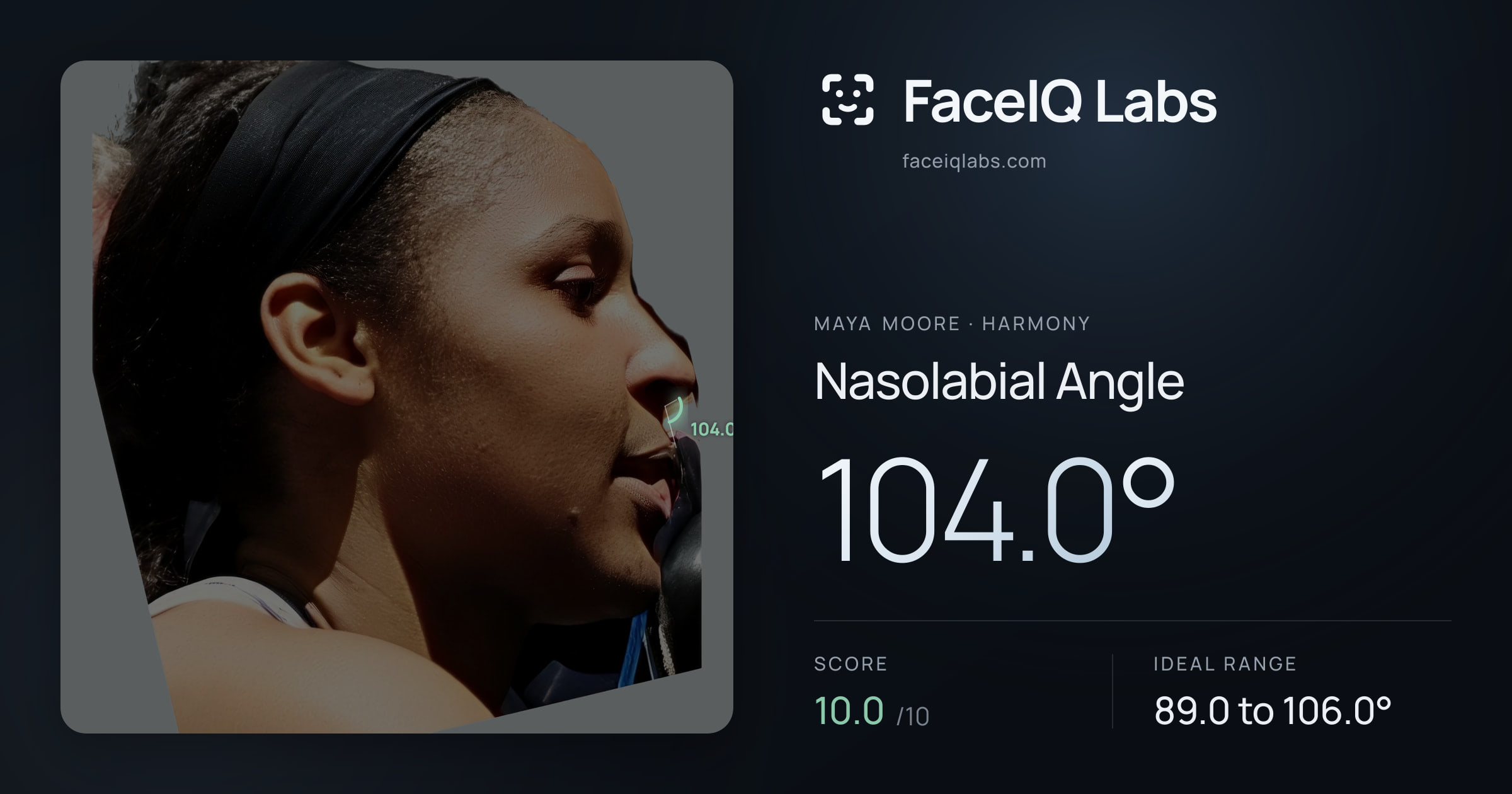 Maya Moore Nasolabial Angle: 104.0°, drawn on the photo