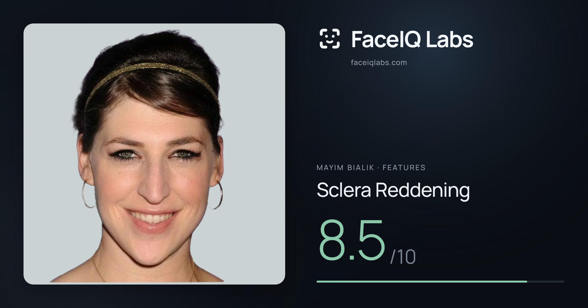 Mayim Bialik Sclera Reddening: 8.5/10, drawn on the photo