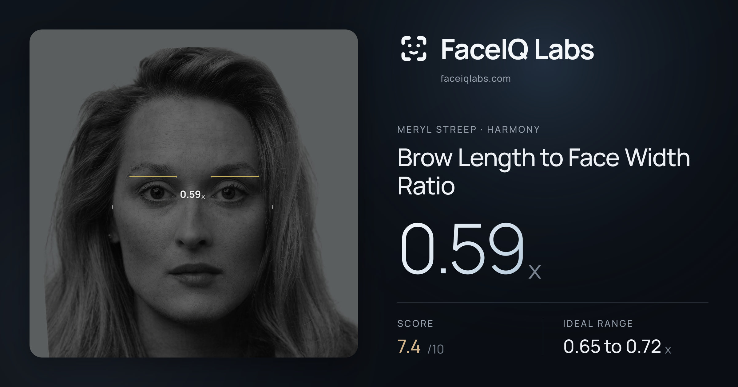 Meryl Streep Brow Length to Face Width Ratio: 0.59x, drawn on the photo