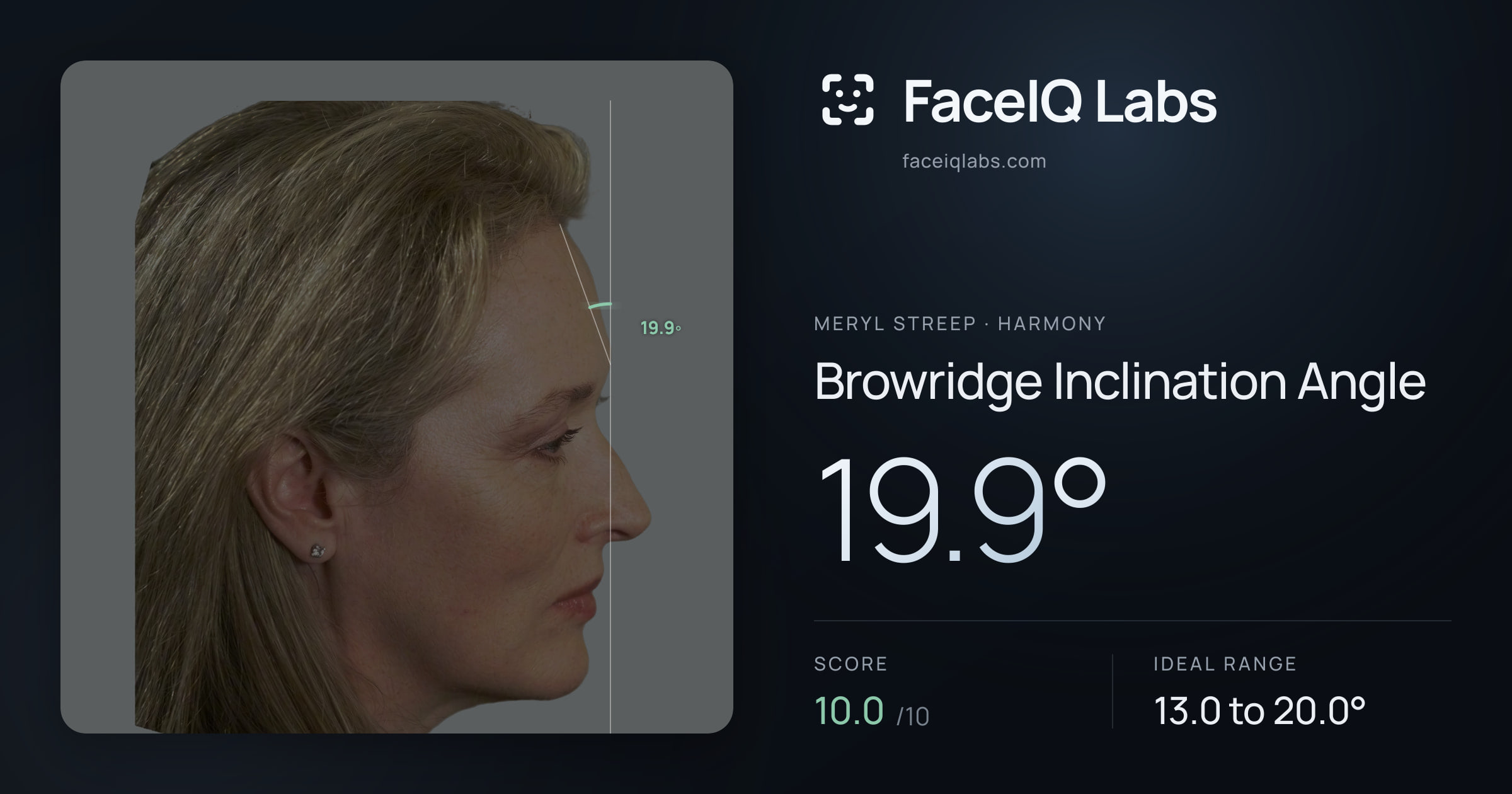 Meryl Streep Browridge Inclination Angle: 19.9°, drawn on the photo