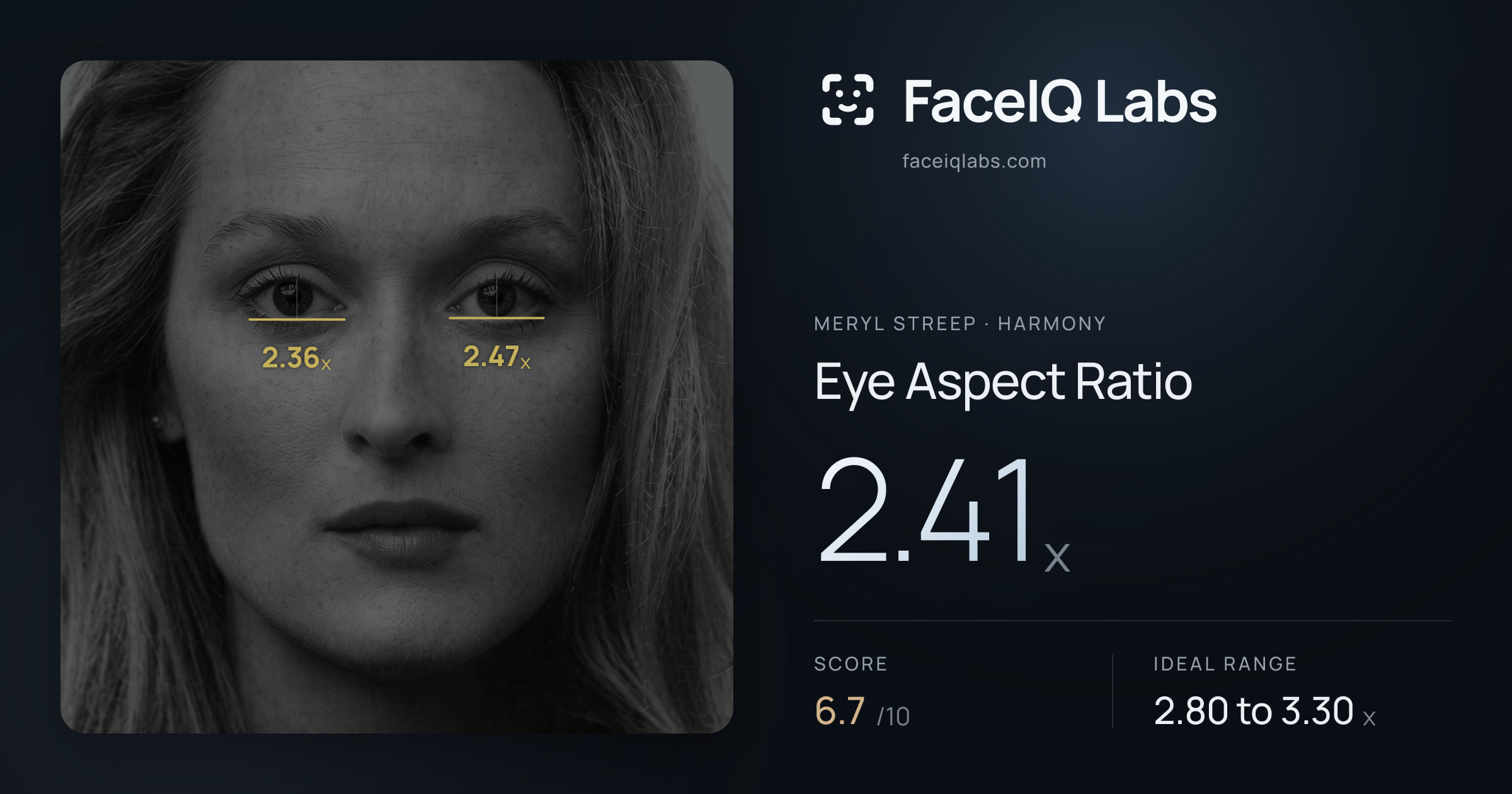 Meryl Streep Eye Aspect Ratio: 2.41x, drawn on the photo