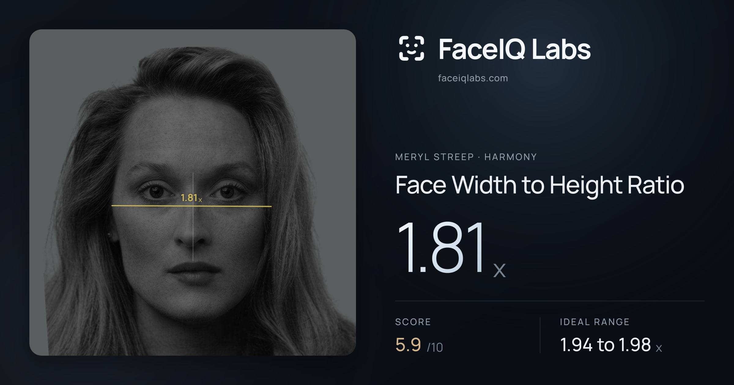 Meryl Streep Face Width to Height Ratio: 1.81x, drawn on the photo