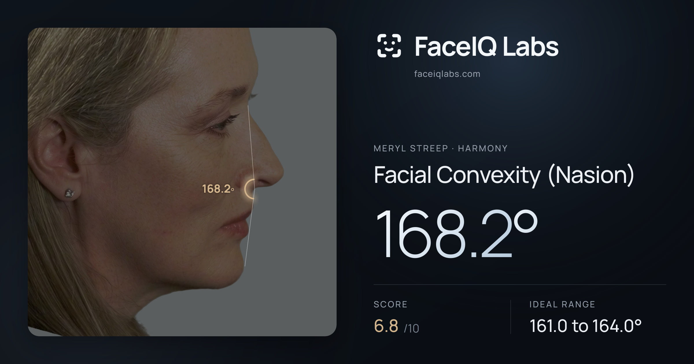 Meryl Streep Facial Convexity (Nasion): 168.2°, drawn on the photo
