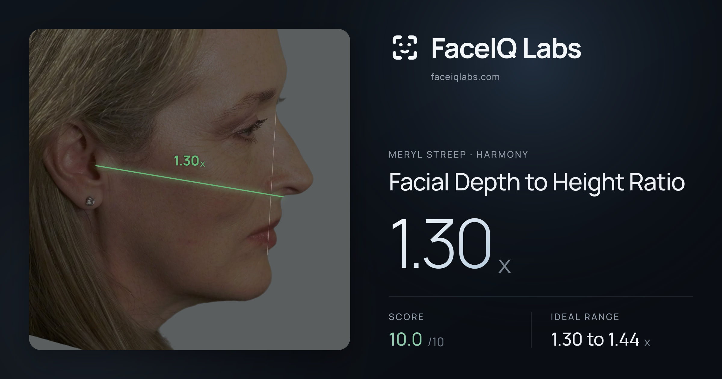 Meryl Streep Facial Depth to Height Ratio: 1.30x, drawn on the photo