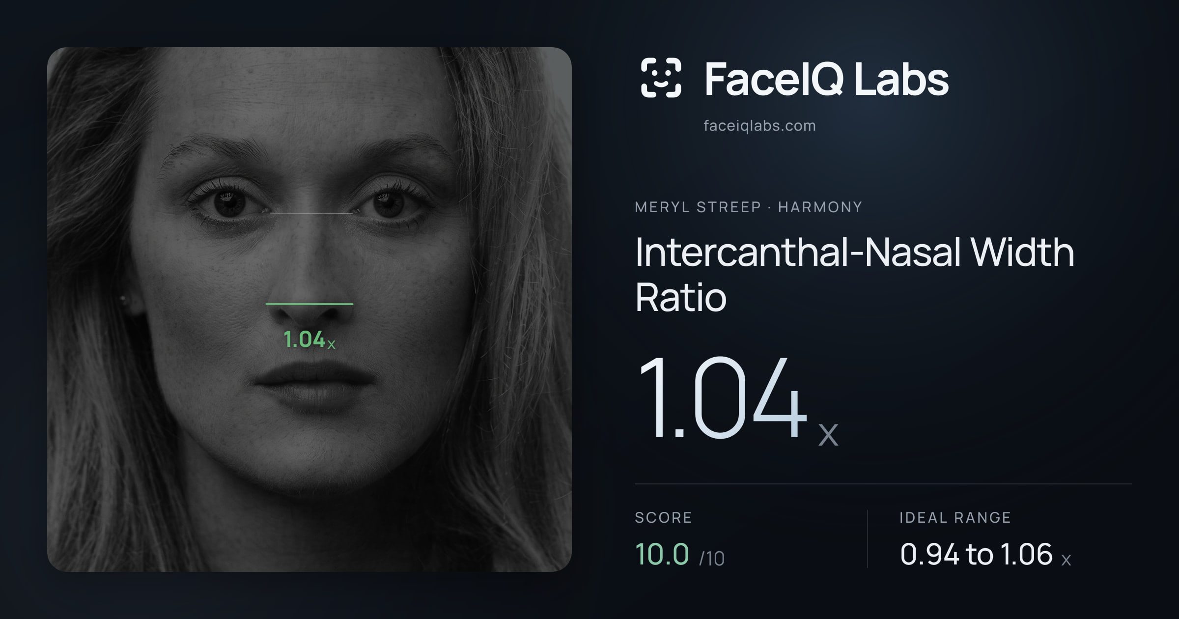 Meryl Streep Intercanthal-Nasal Width Ratio: 1.04x, drawn on the photo