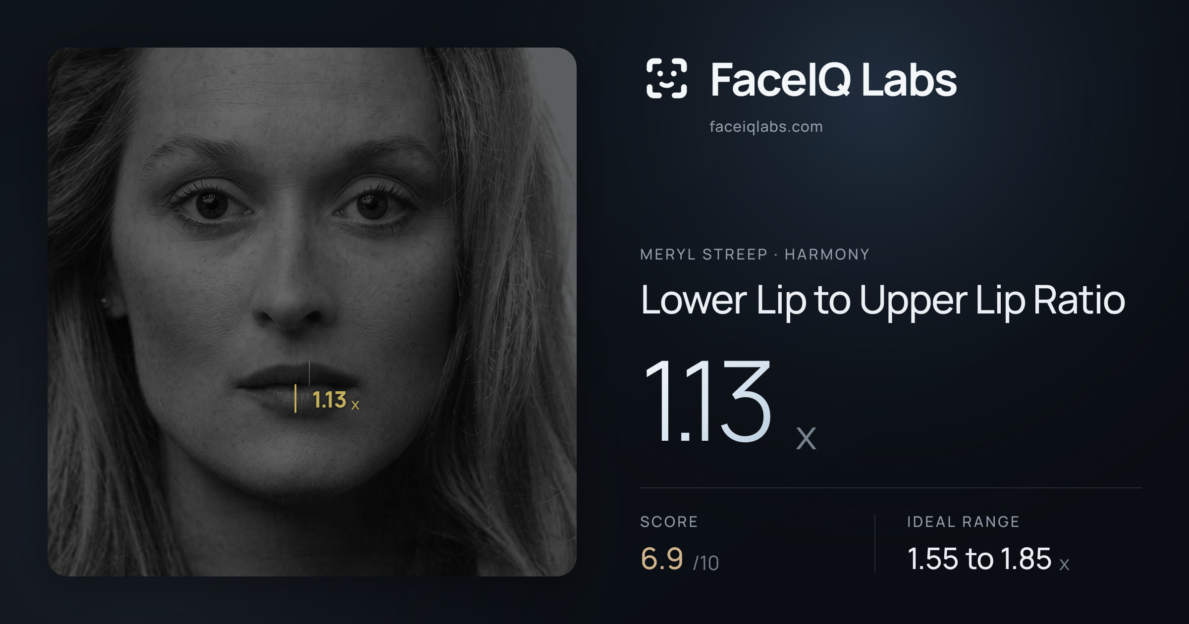 Meryl Streep Lower Lip to Upper Lip Ratio: 1.13x, drawn on the photo