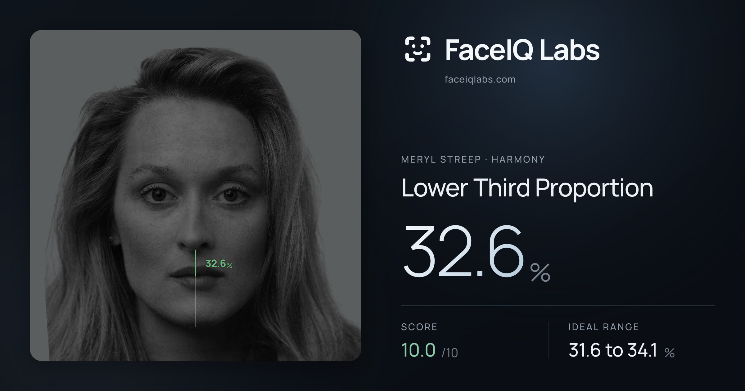 Meryl Streep Lower Third Proportion: 32.6%, drawn on the photo