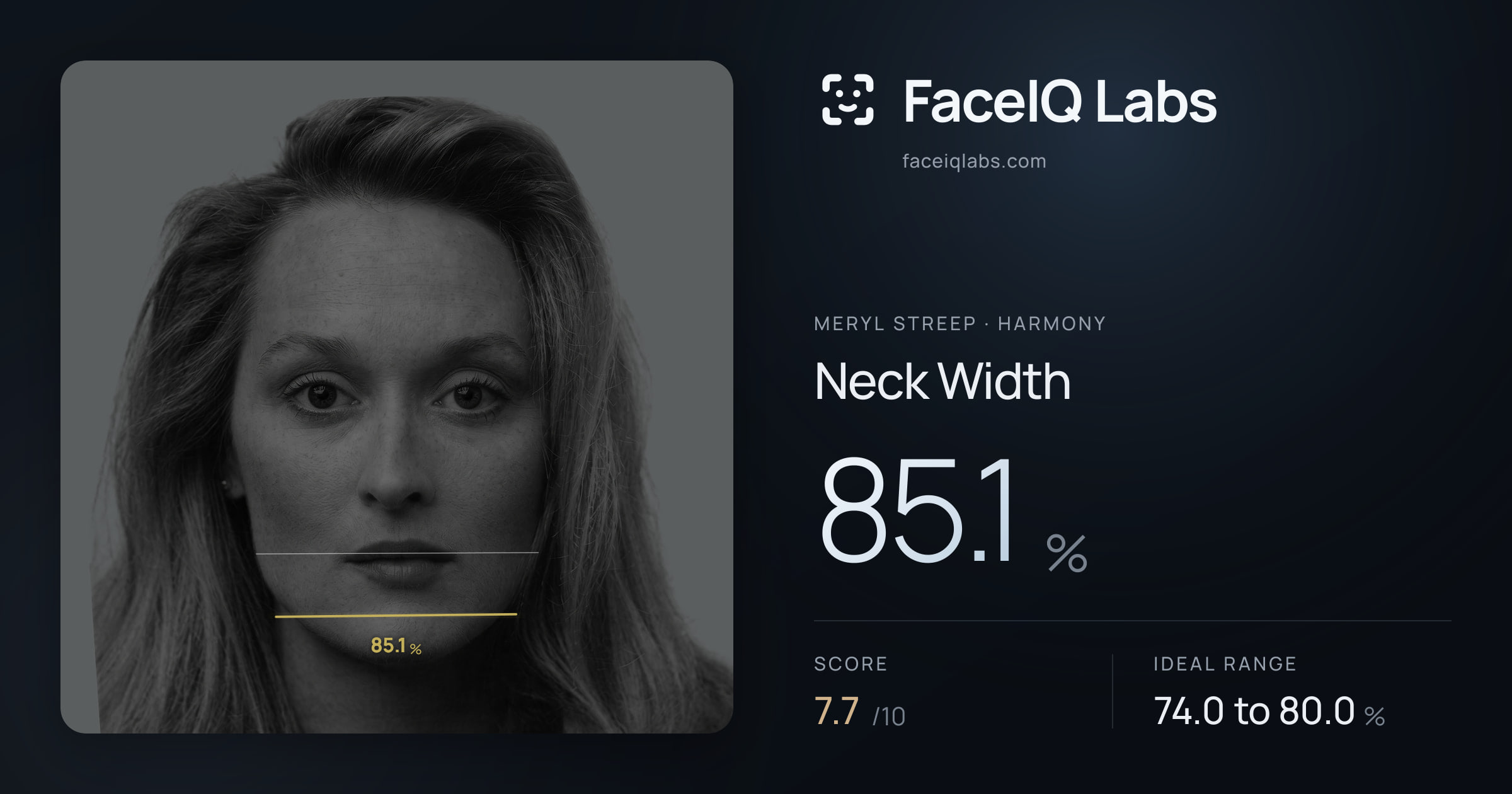 Meryl Streep Neck Width: 85.1%, drawn on the photo