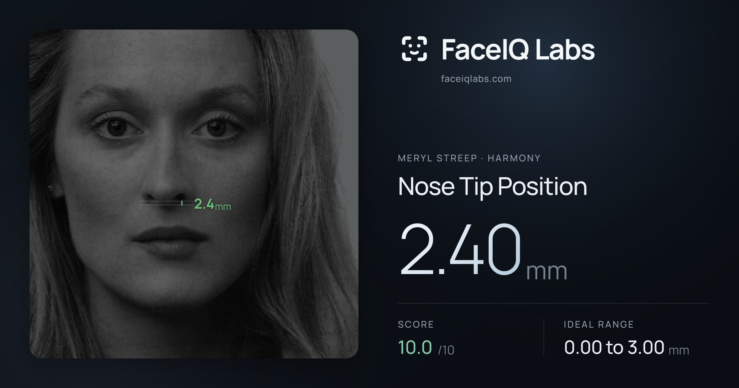 Meryl Streep Nose Tip Position: 2.40mm, drawn on the photo