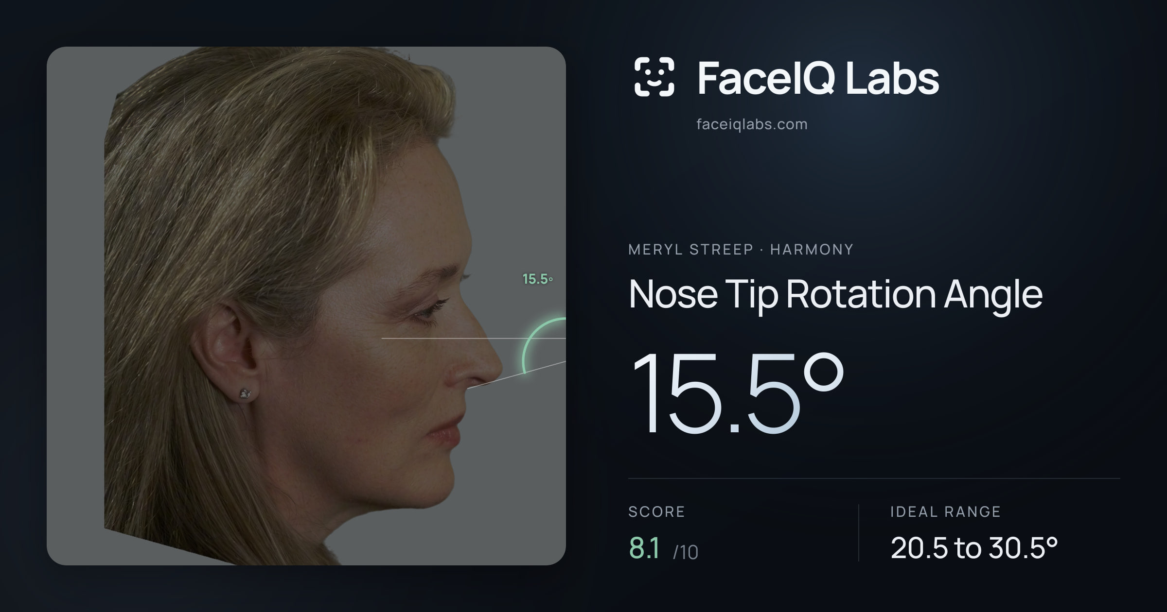 Meryl Streep Nose Tip Rotation Angle: 15.5°, drawn on the photo