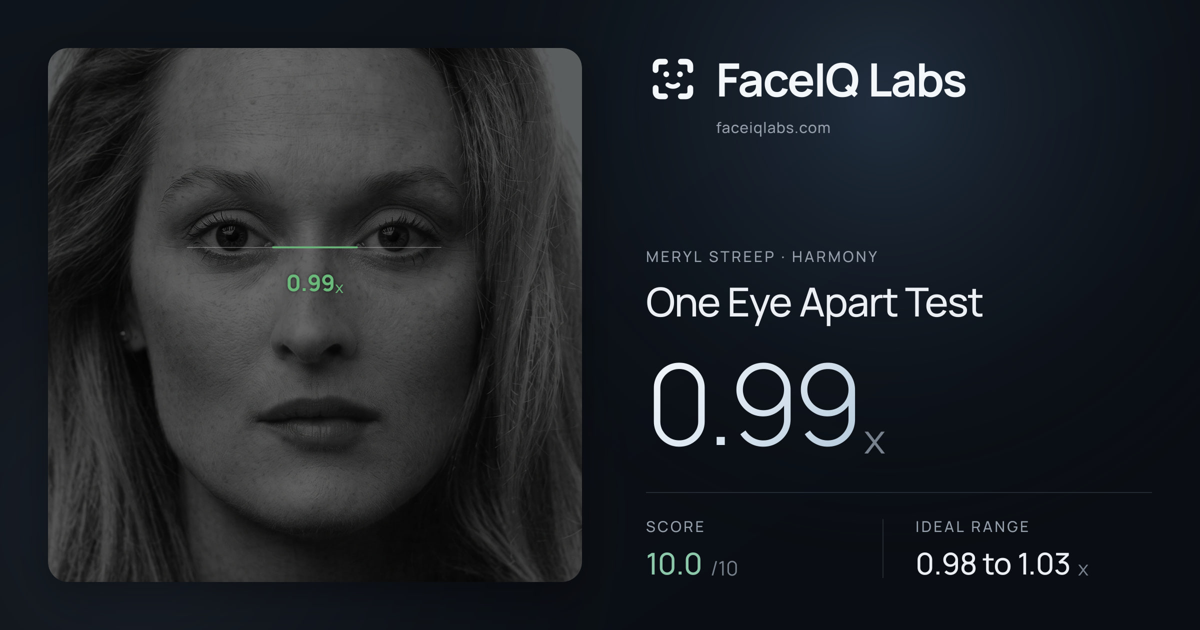 Meryl Streep One Eye Apart Test: 0.99x, drawn on the photo