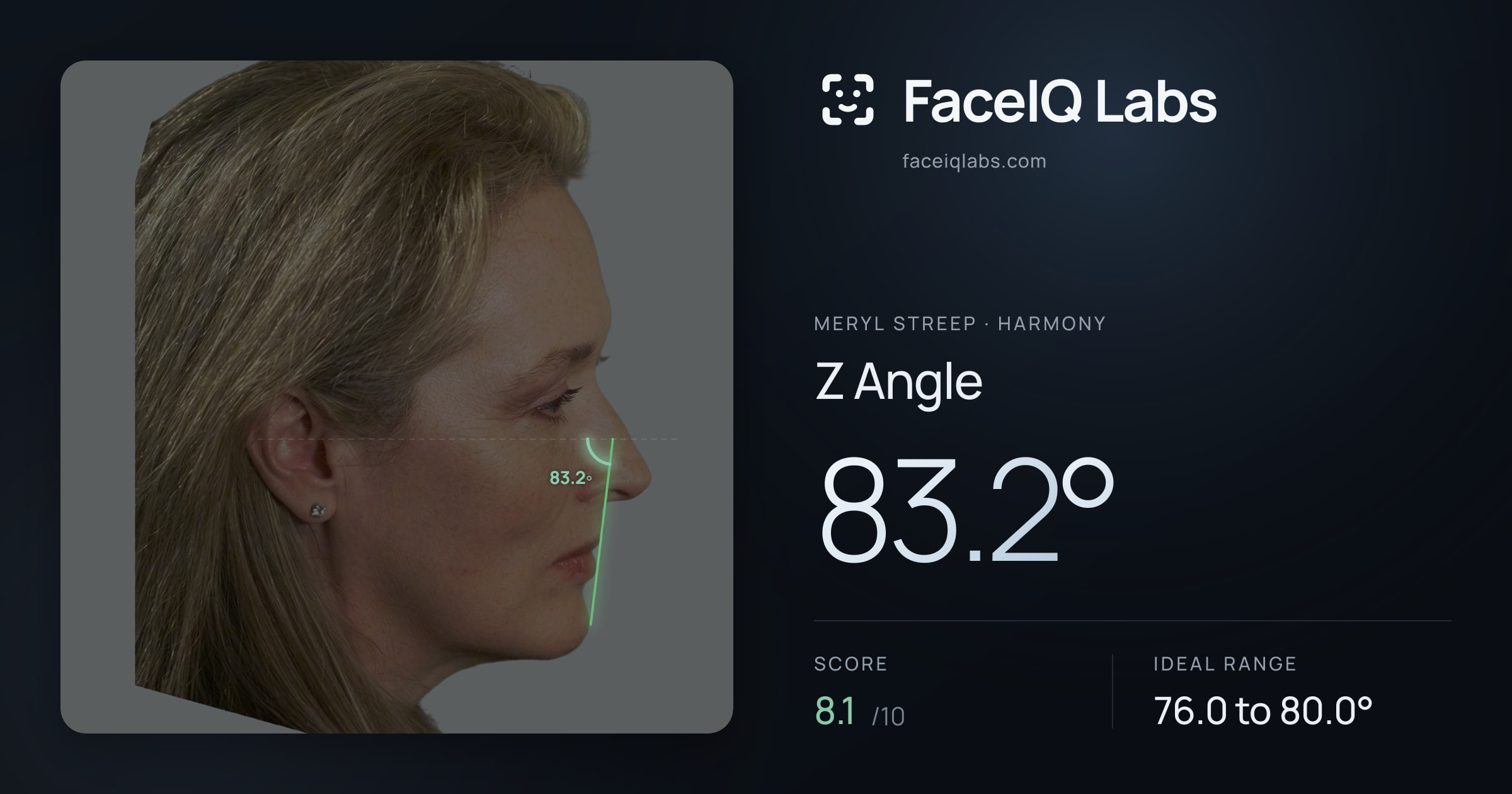 Meryl Streep Z Angle: 83.2°, drawn on the photo