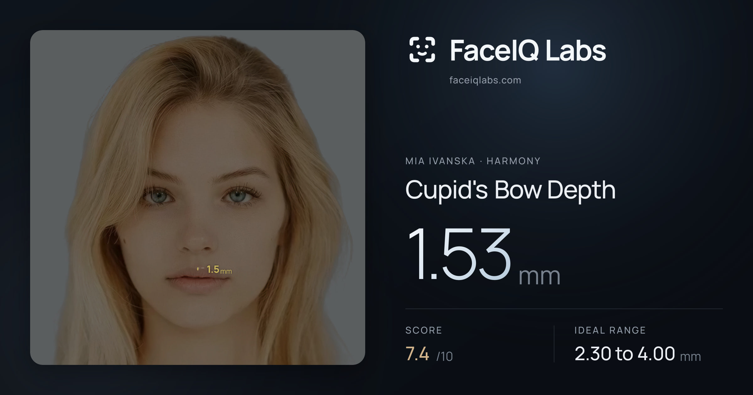 Mia Ivanska Cupid's Bow Depth: 1.53mm, drawn on the photo