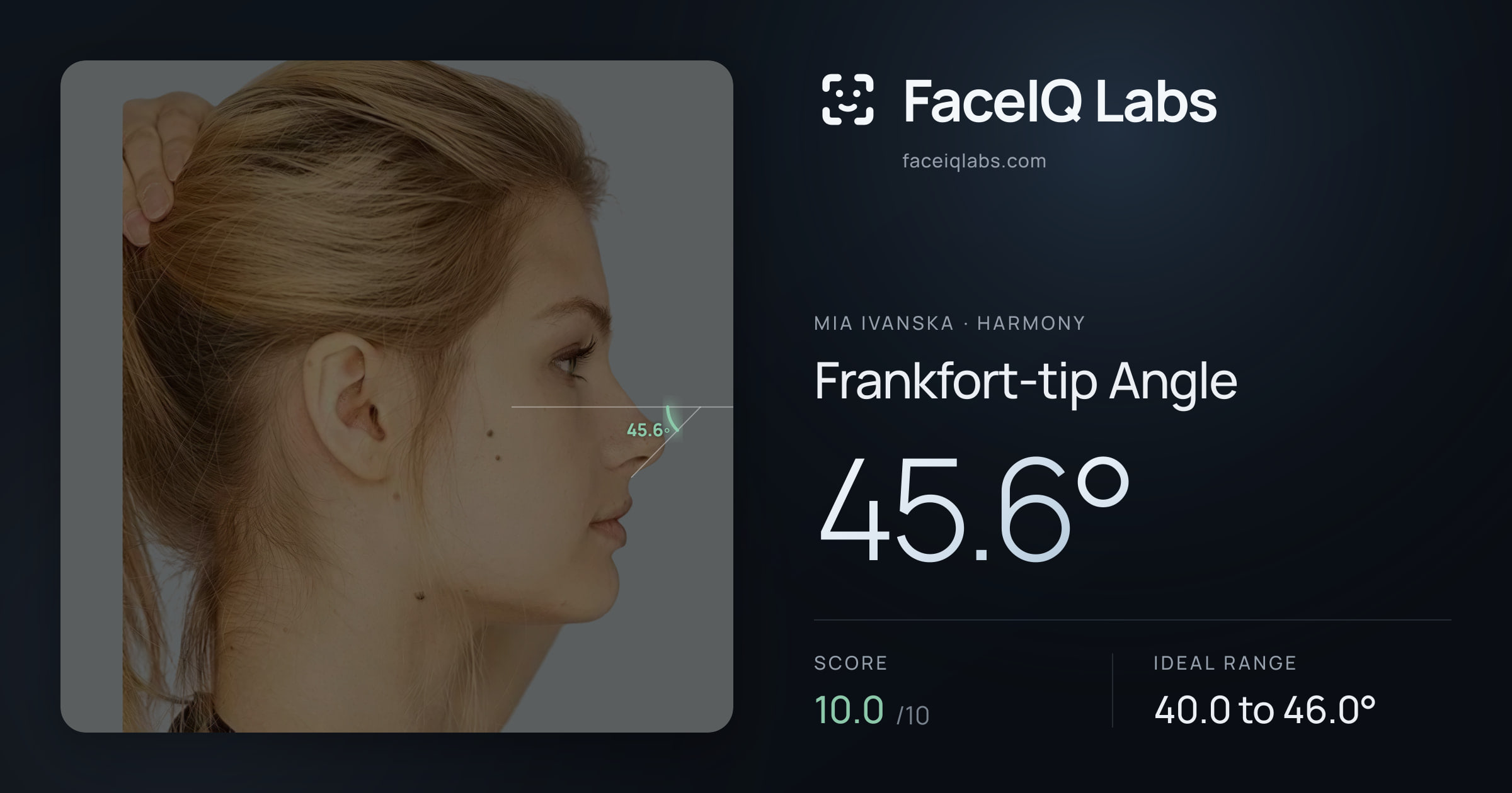 Mia Ivanska Frankfort-tip Angle: 45.6°, drawn on the photo