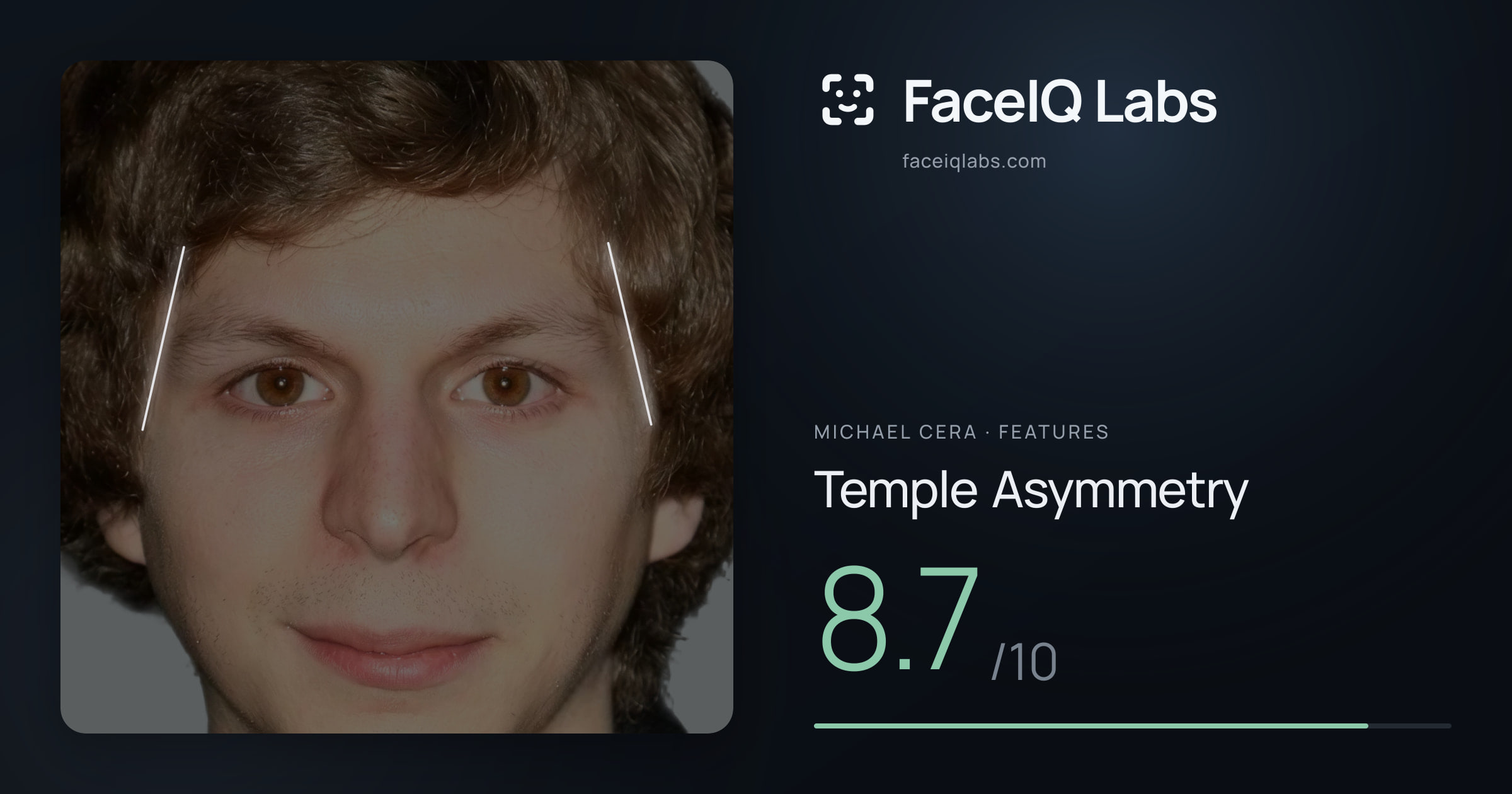 Michael Cera Temple Asymmetry: 8.7/10, drawn on the photo