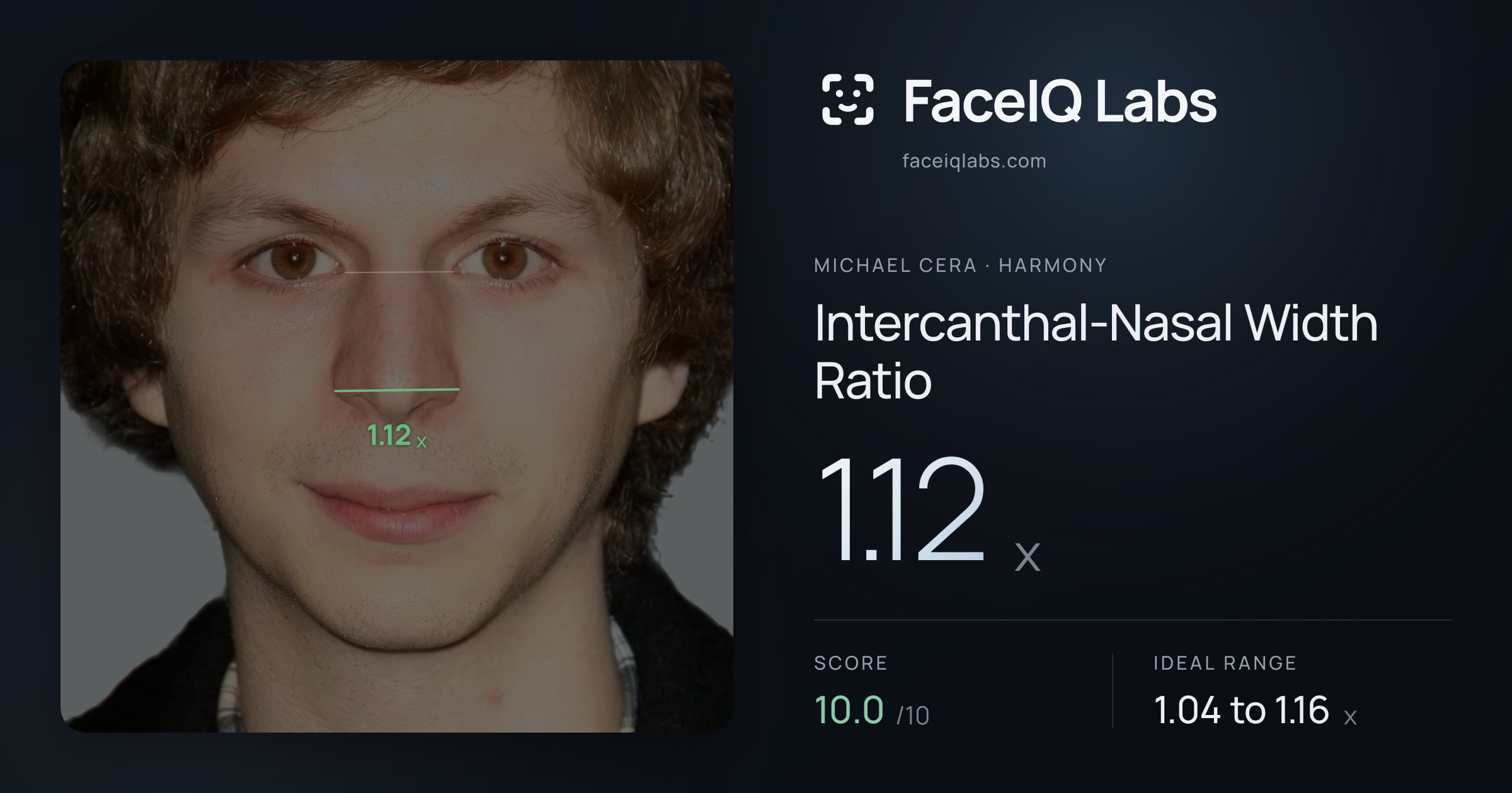 Michael Cera Intercanthal-Nasal Width Ratio: 1.12x, drawn on the photo