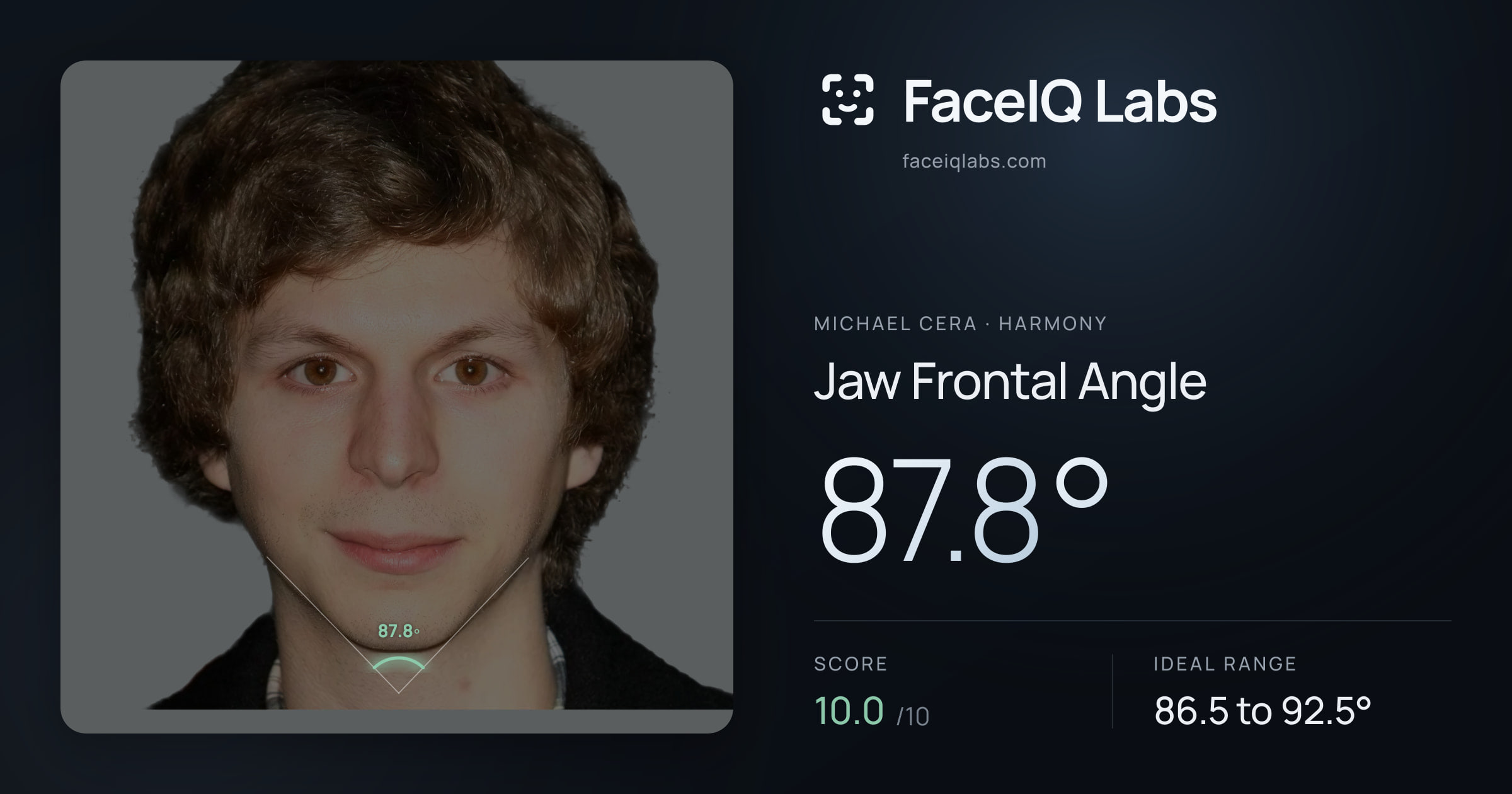 Michael Cera Jaw Frontal Angle: 87.8°, drawn on the photo