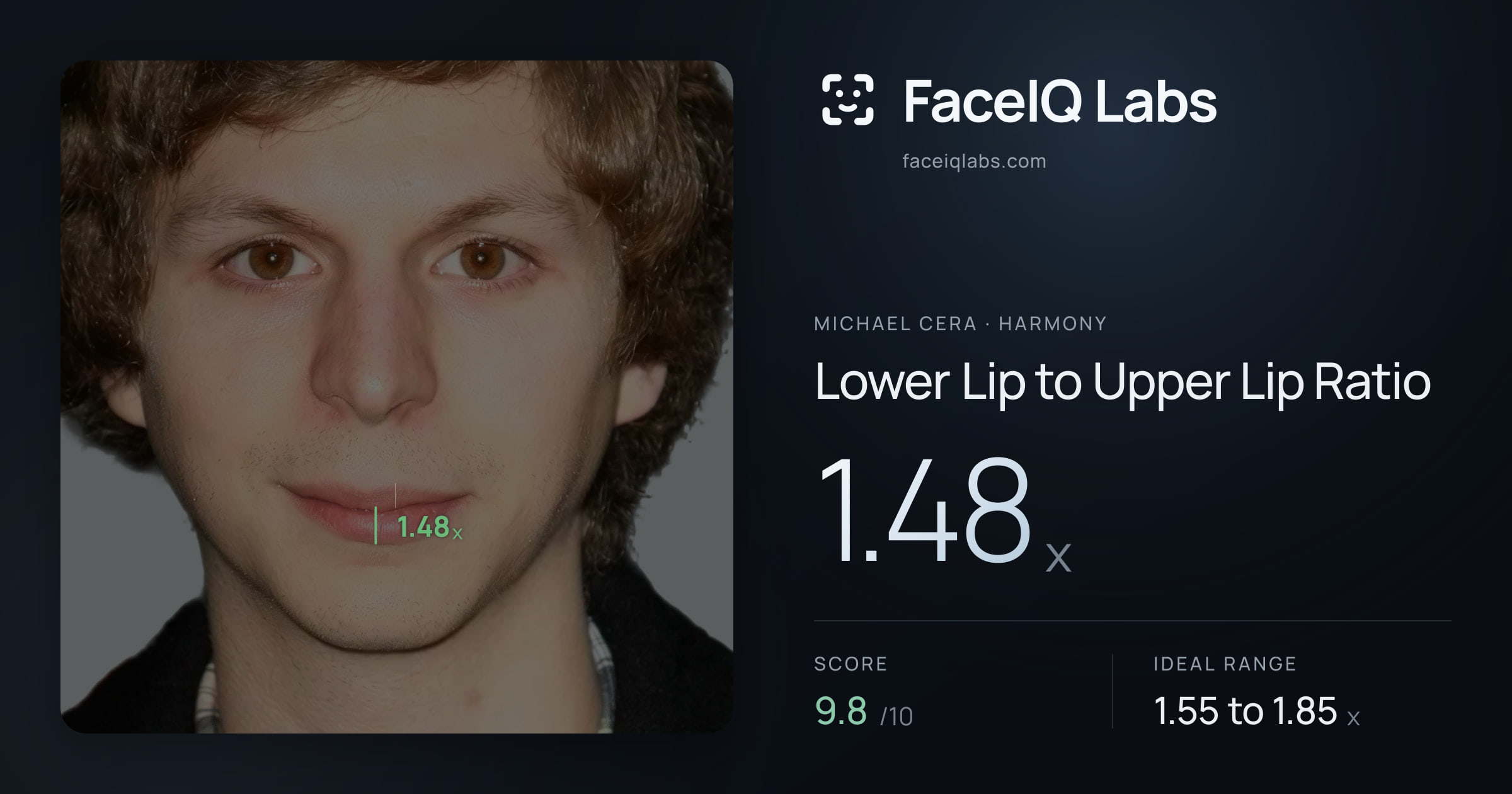 Michael Cera Lower Lip to Upper Lip Ratio: 1.48x, drawn on the photo