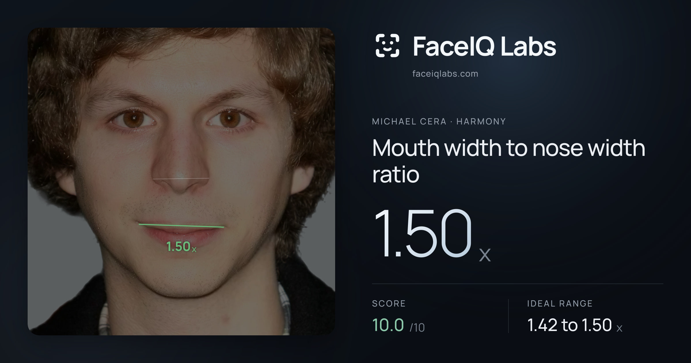Michael Cera Mouth width to nose width ratio: 1.50x, drawn on the photo