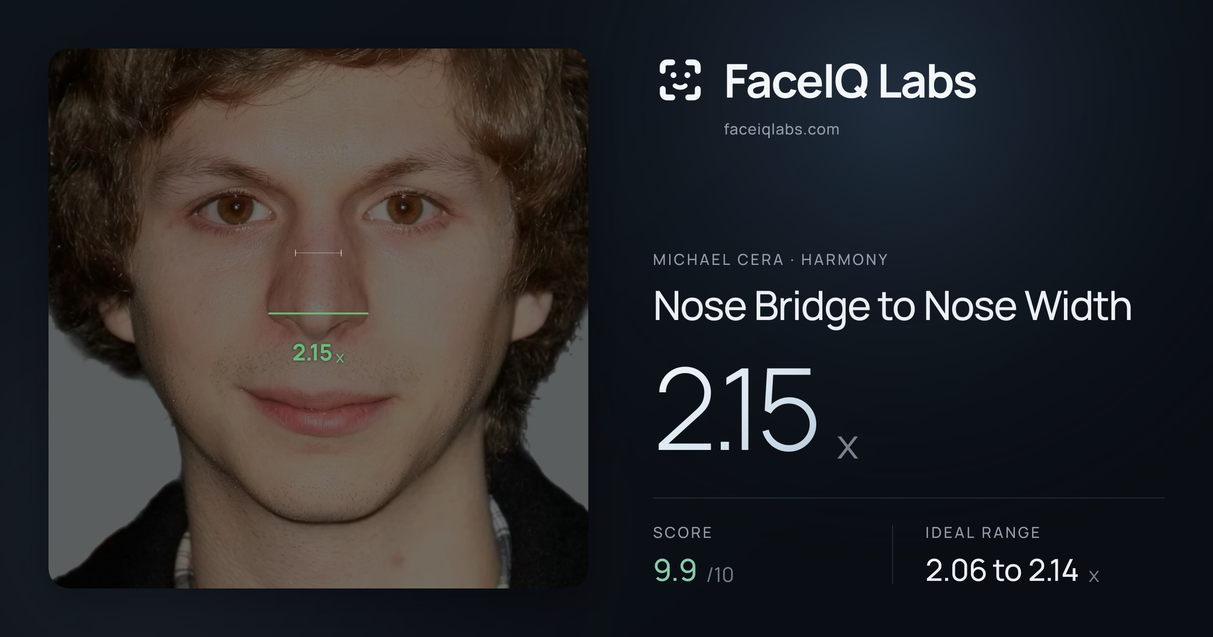 Michael Cera Nose Bridge to Nose Width: 2.15x, drawn on the photo