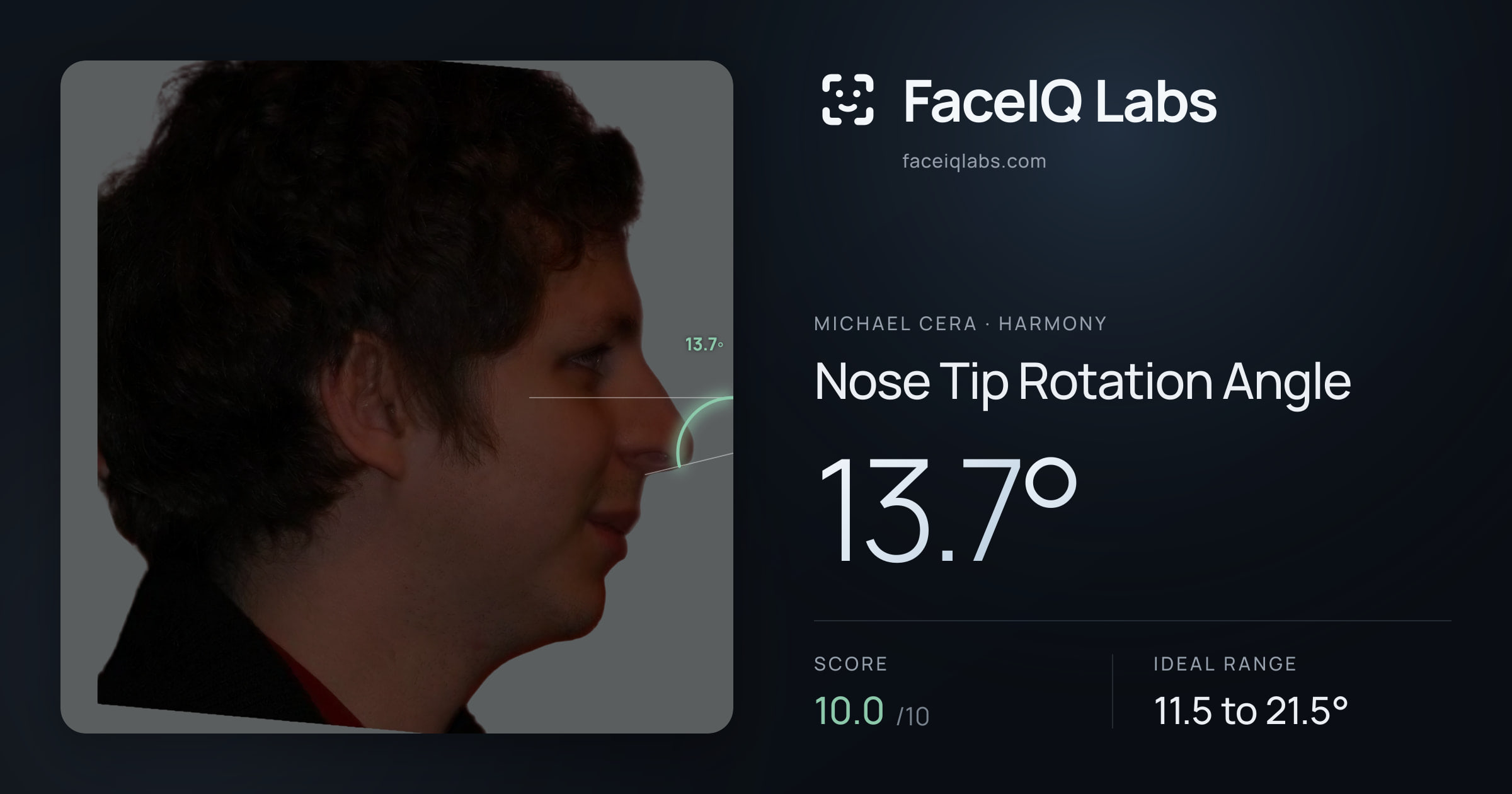 Michael Cera Nose Tip Rotation Angle: 13.7°, drawn on the photo