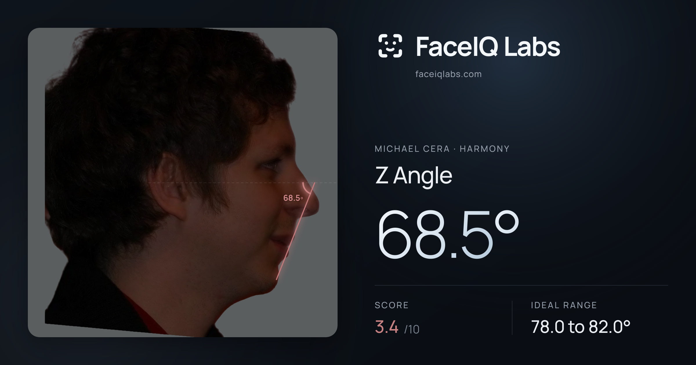 Michael Cera Z Angle: 68.5°, drawn on the photo