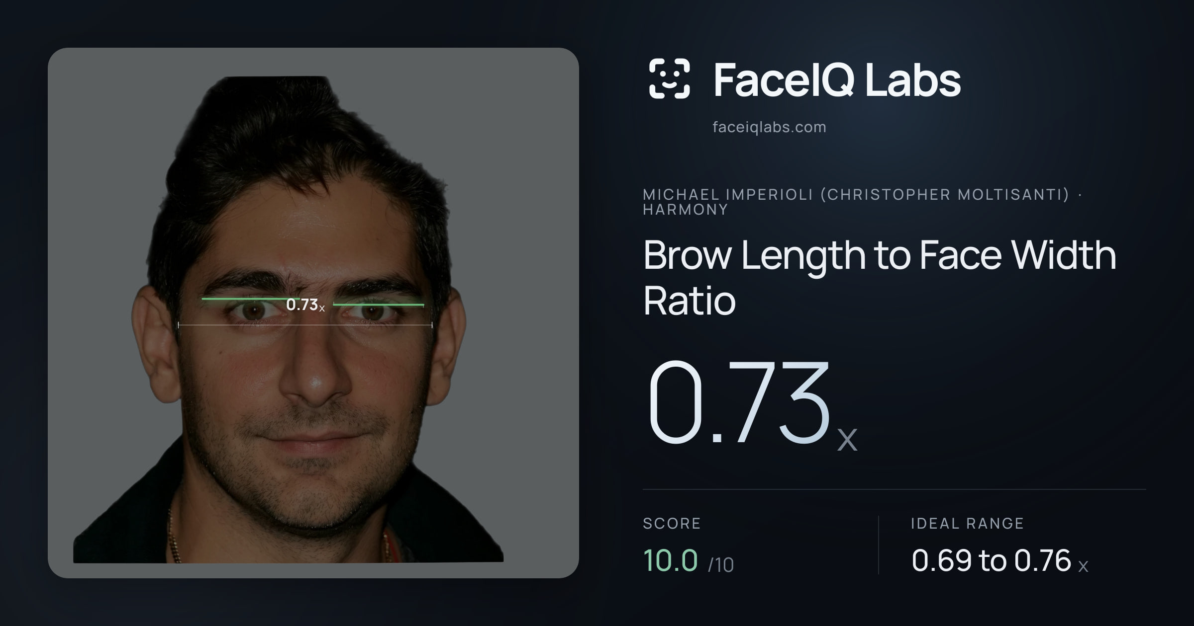 Michael Imperioli (Christopher Moltisanti) Brow Length to Face Width Ratio: 0.73x, drawn on the photo