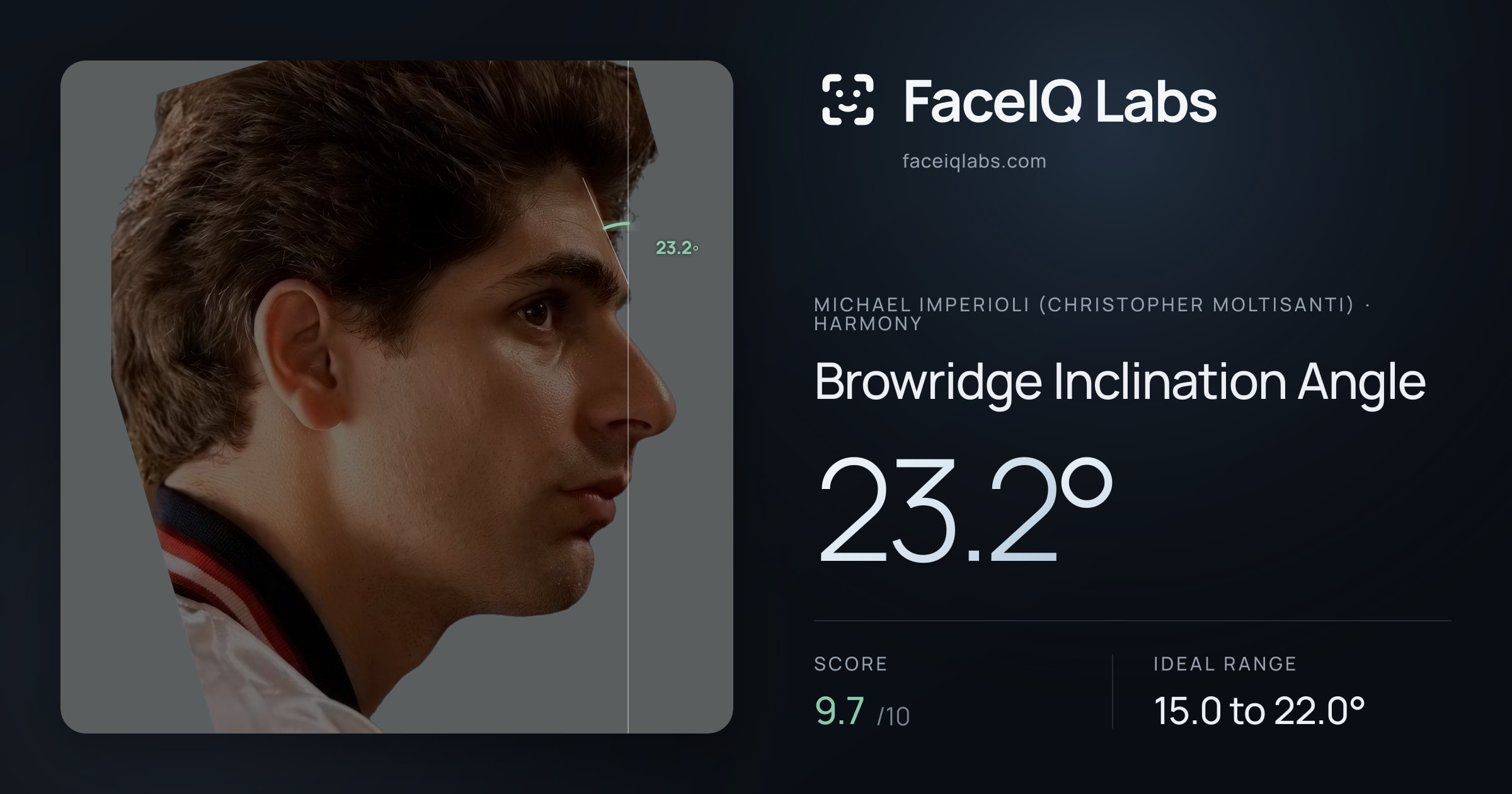 Michael Imperioli (Christopher Moltisanti) Browridge Inclination Angle: 23.2°, drawn on the photo