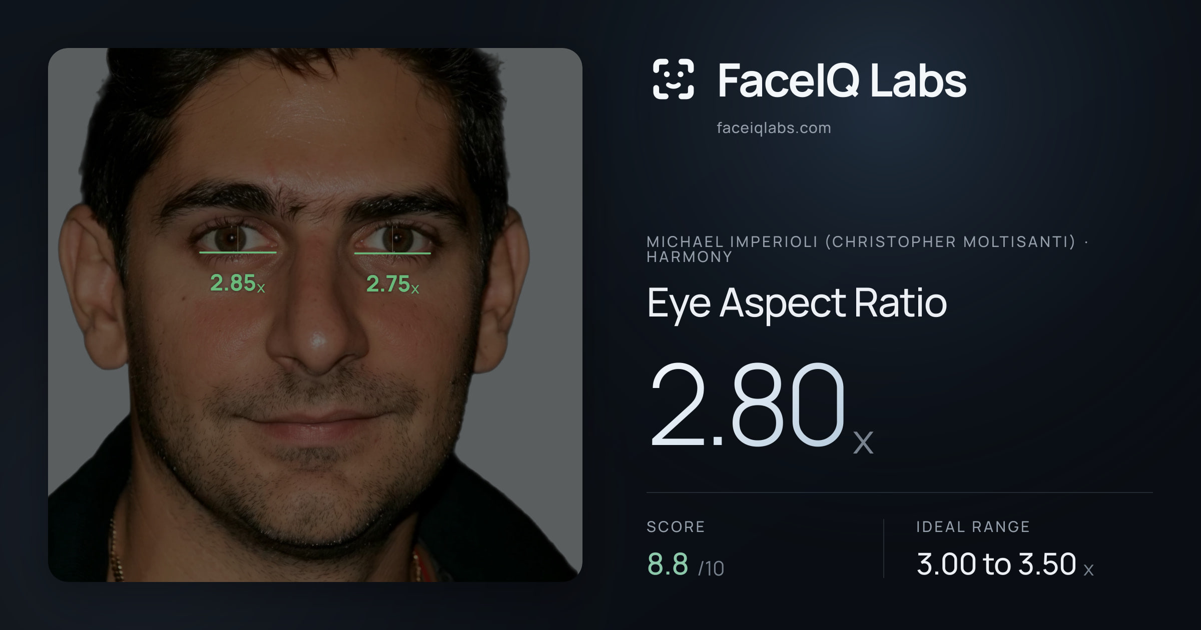 Michael Imperioli (Christopher Moltisanti) Eye Aspect Ratio: 2.80x, drawn on the photo