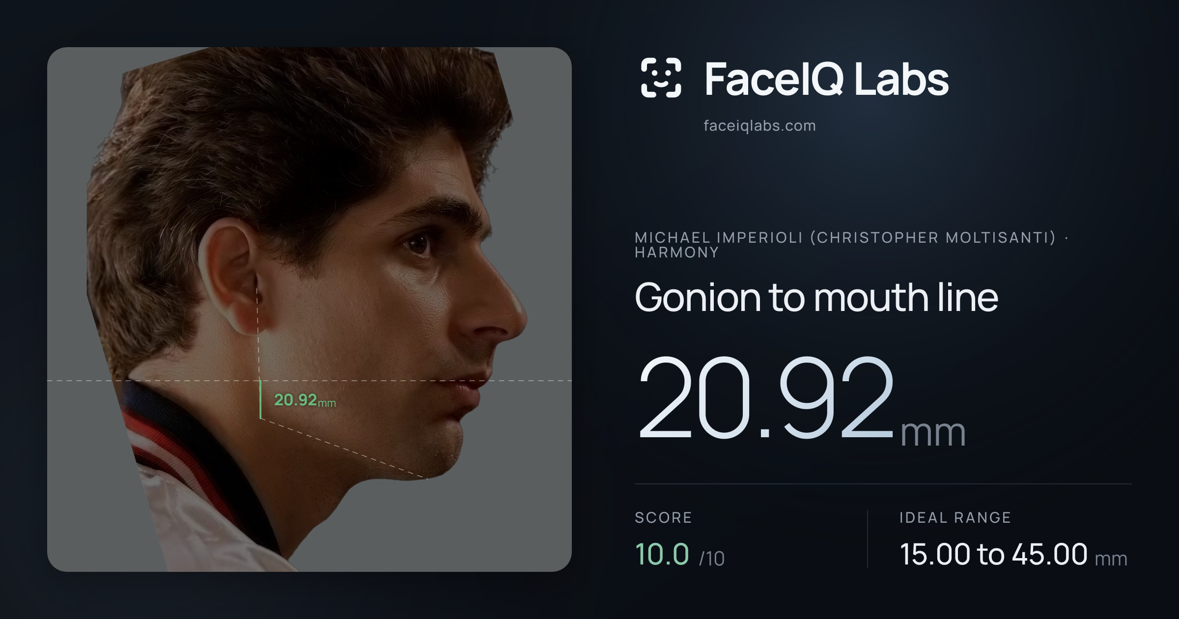 Michael Imperioli (Christopher Moltisanti) Gonion to mouth line: 23.09mm, drawn on the photo