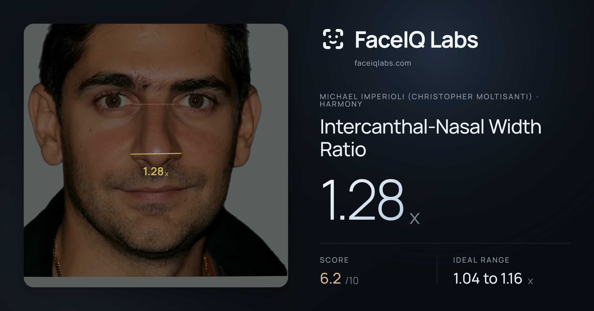 Michael Imperioli (Christopher Moltisanti) Intercanthal-Nasal Width Ratio: 1.28x, drawn on the photo