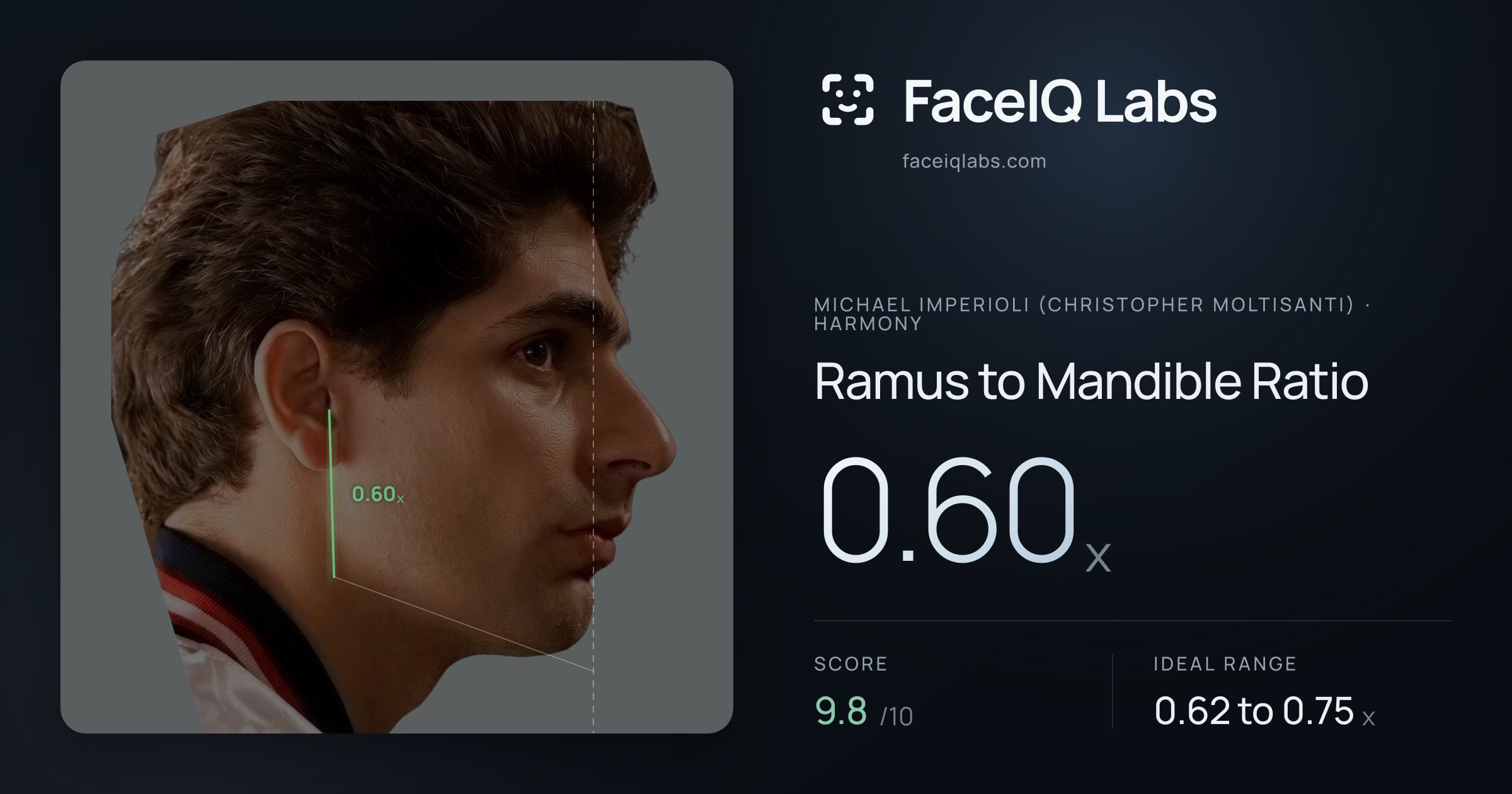 Michael Imperioli (Christopher Moltisanti) Ramus to Mandible Ratio: 0.66x, drawn on the photo