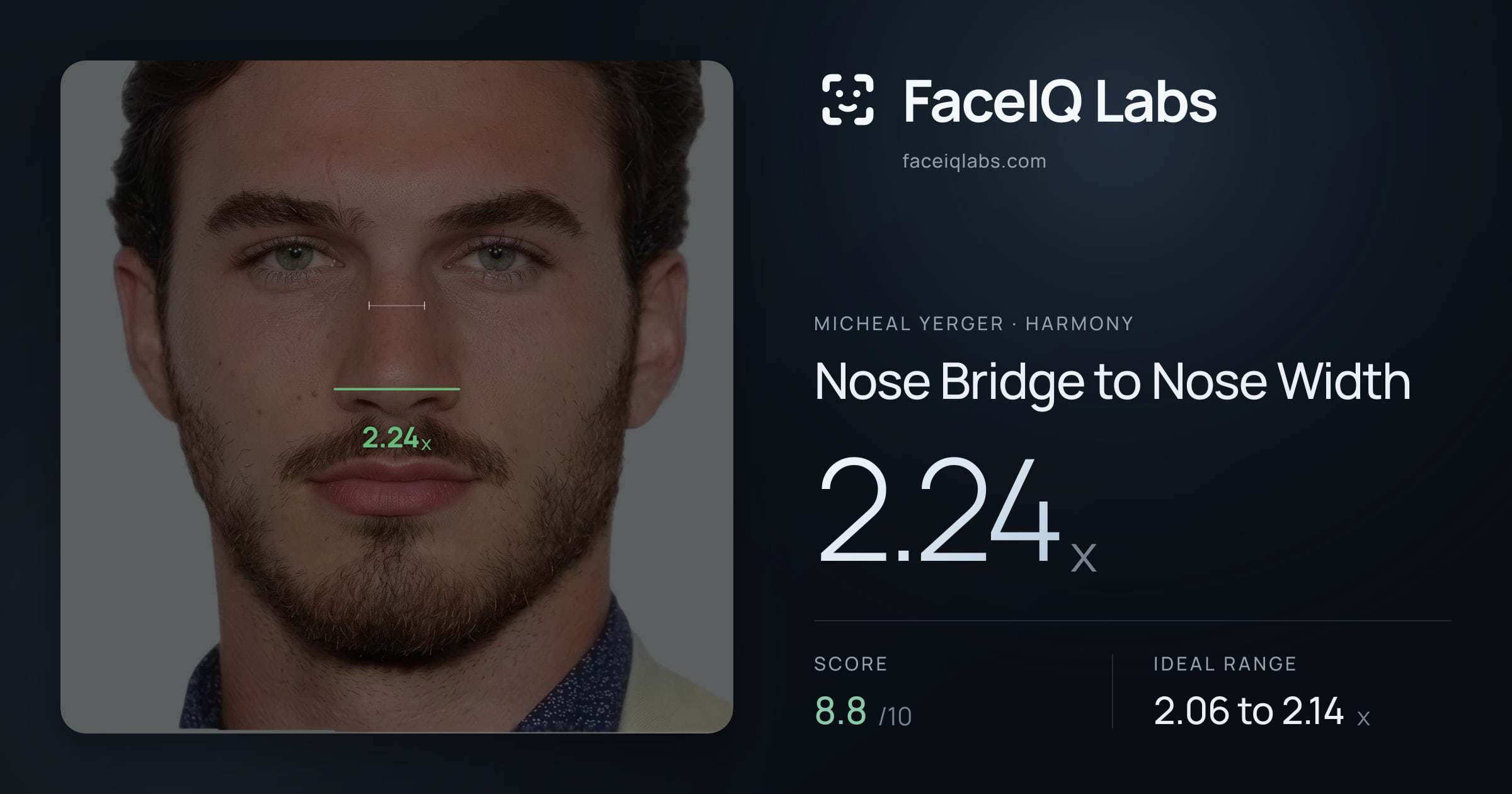 Micheal Yerger Nose Bridge to Nose Width: 2.24x, drawn on the photo