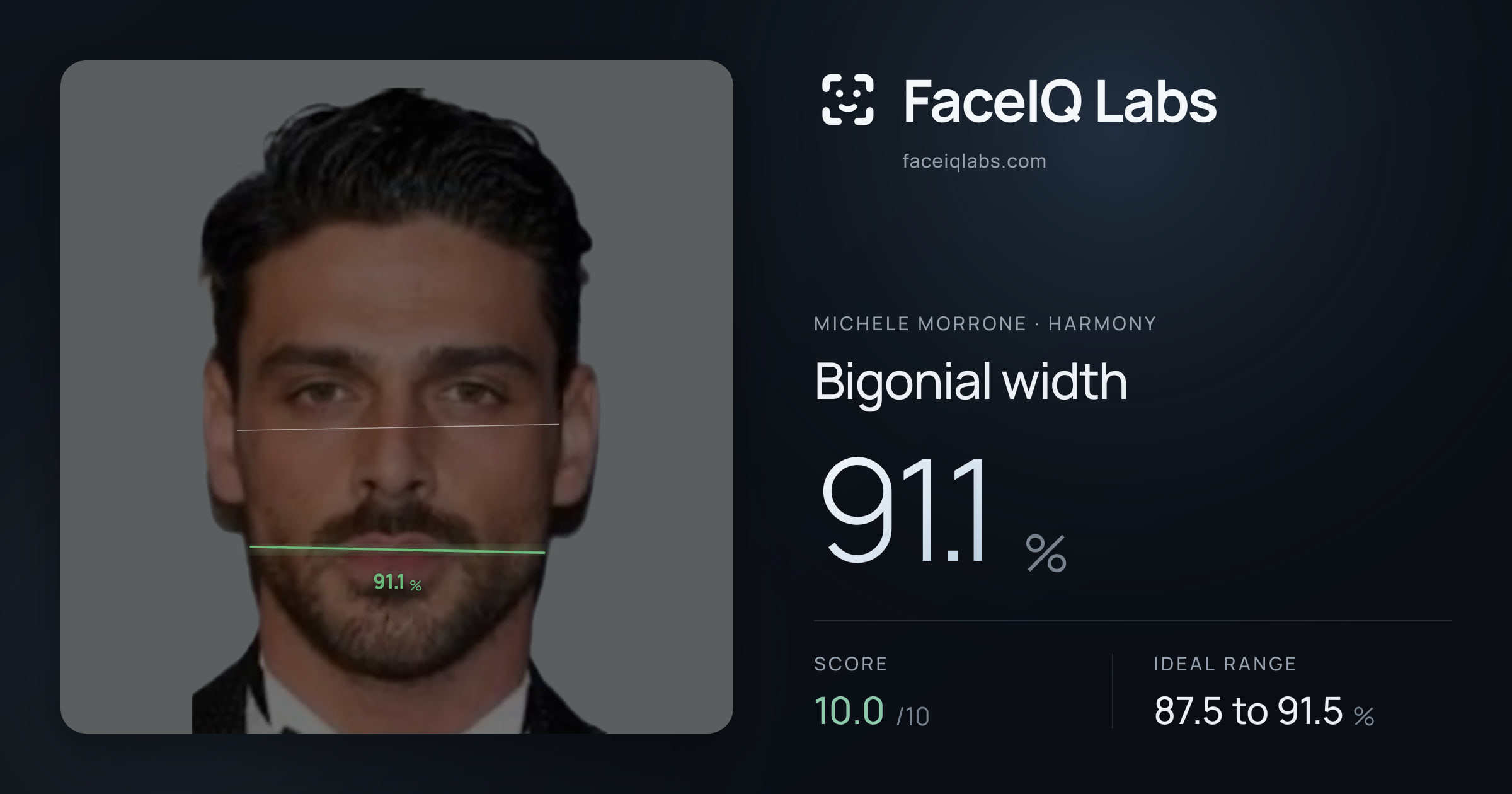 Michele Morrone Bigonial width: 91.1%, drawn on the photo
