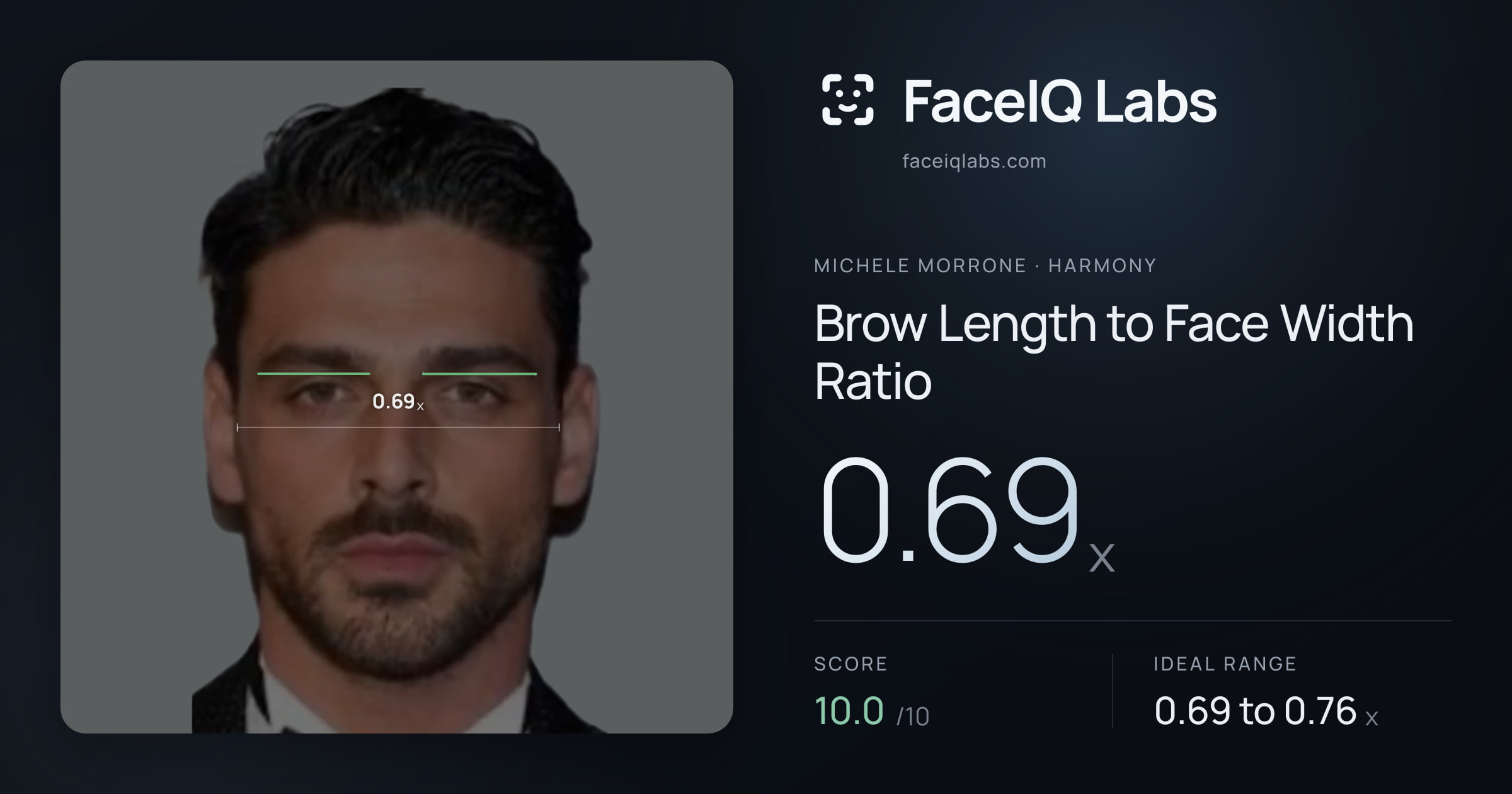 Michele Morrone Brow Length to Face Width Ratio: 0.69x, drawn on the photo