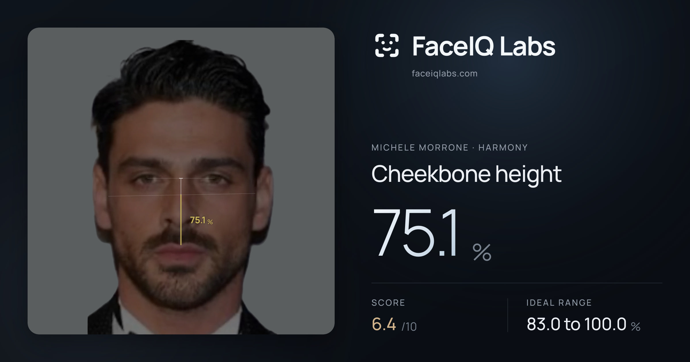 Michele Morrone Cheekbone height: 75.1%, drawn on the photo