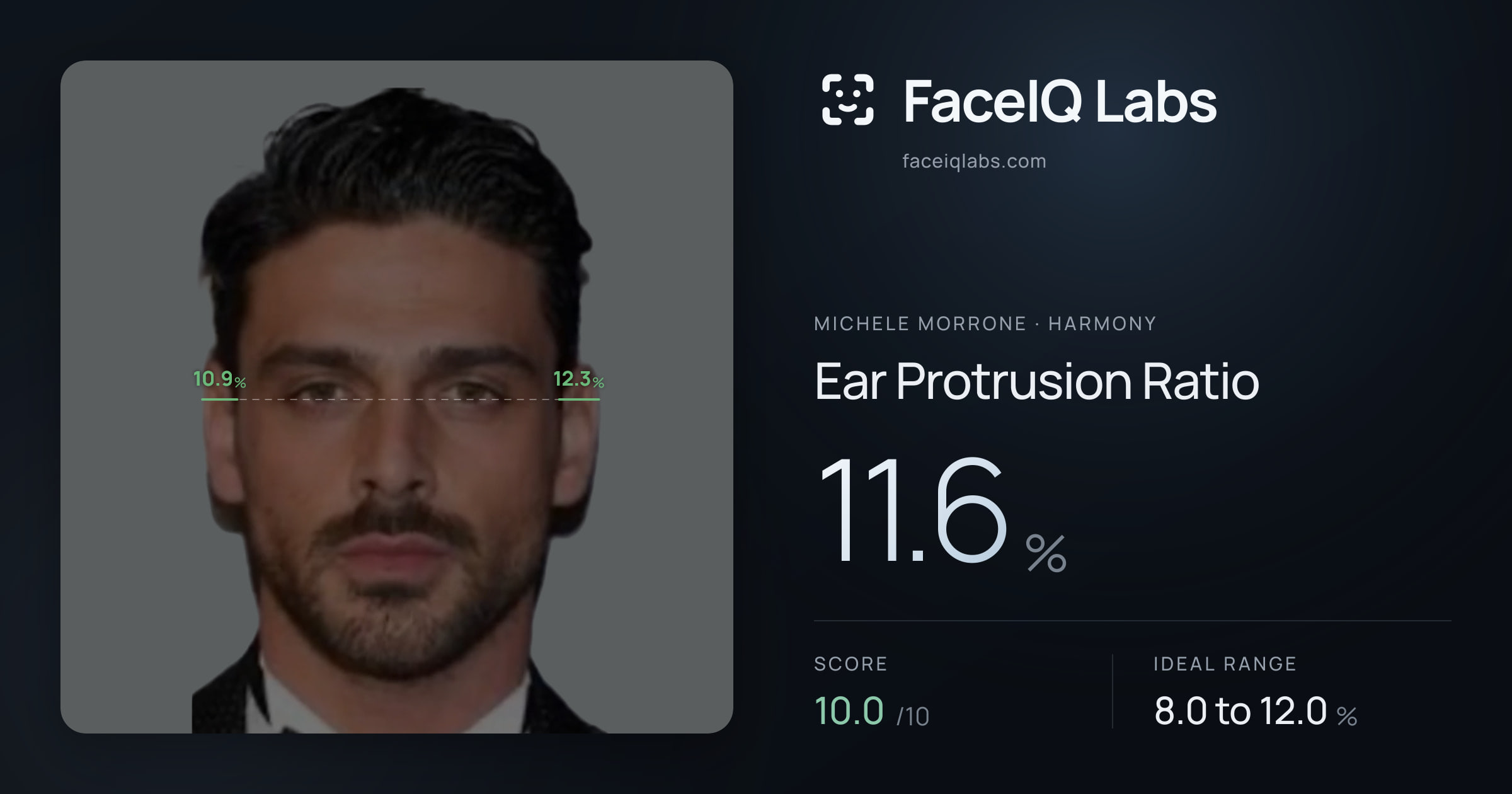 Michele Morrone Ear Protrusion Ratio: 11.6%, drawn on the photo