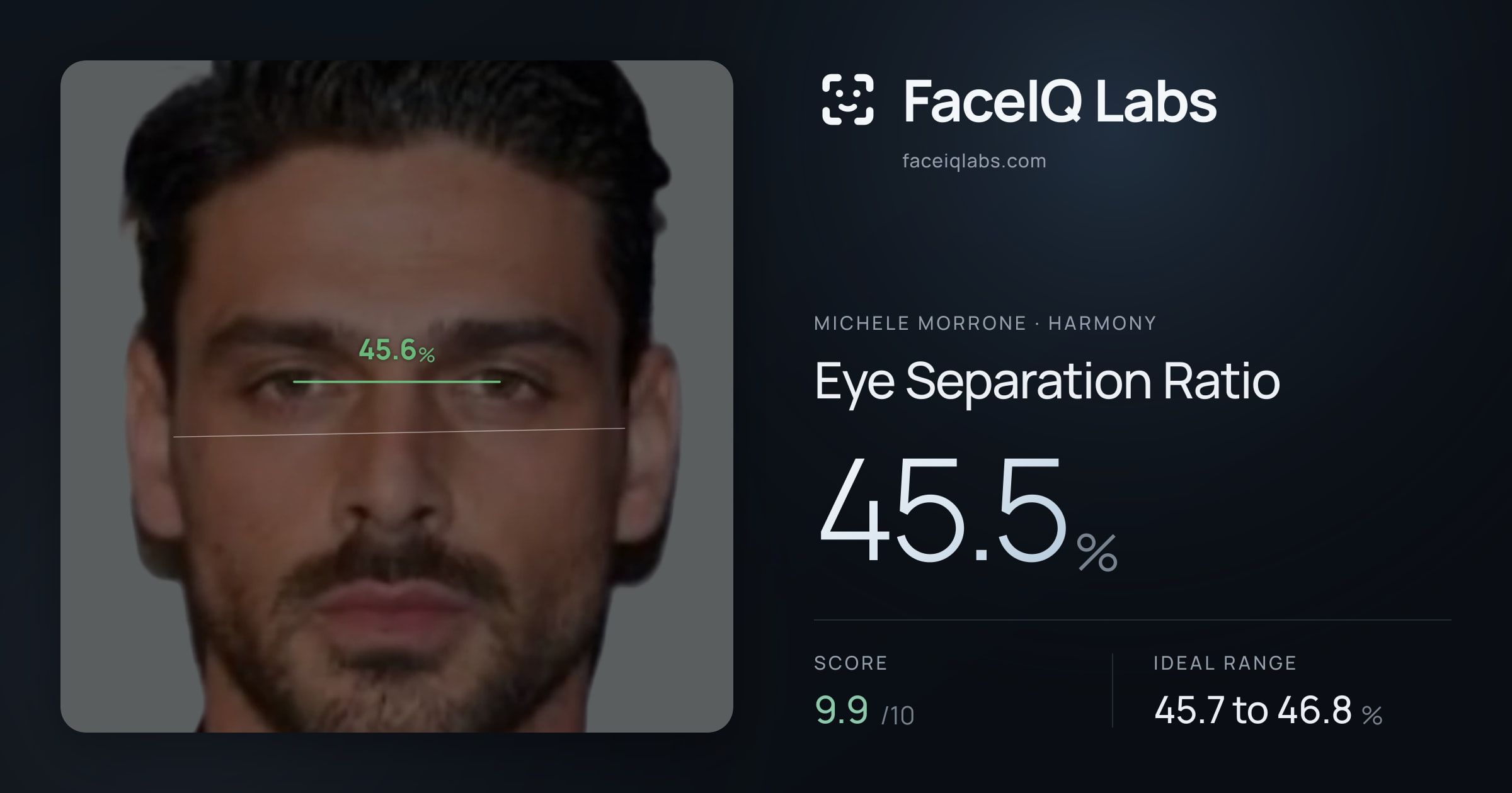 Michele Morrone Eye Separation Ratio: 45.5%, drawn on the photo
