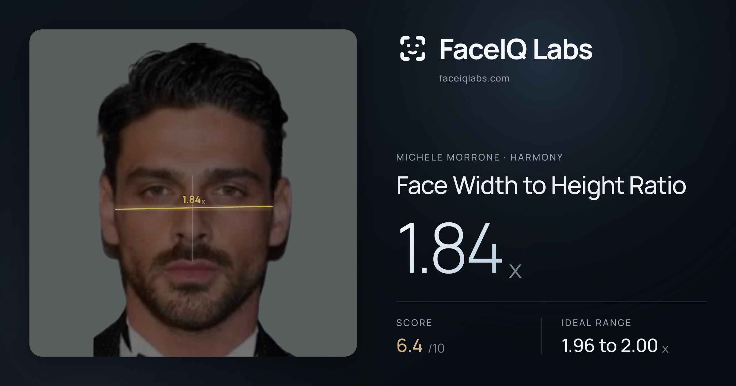 Michele Morrone Face Width to Height Ratio: 1.84x, drawn on the photo