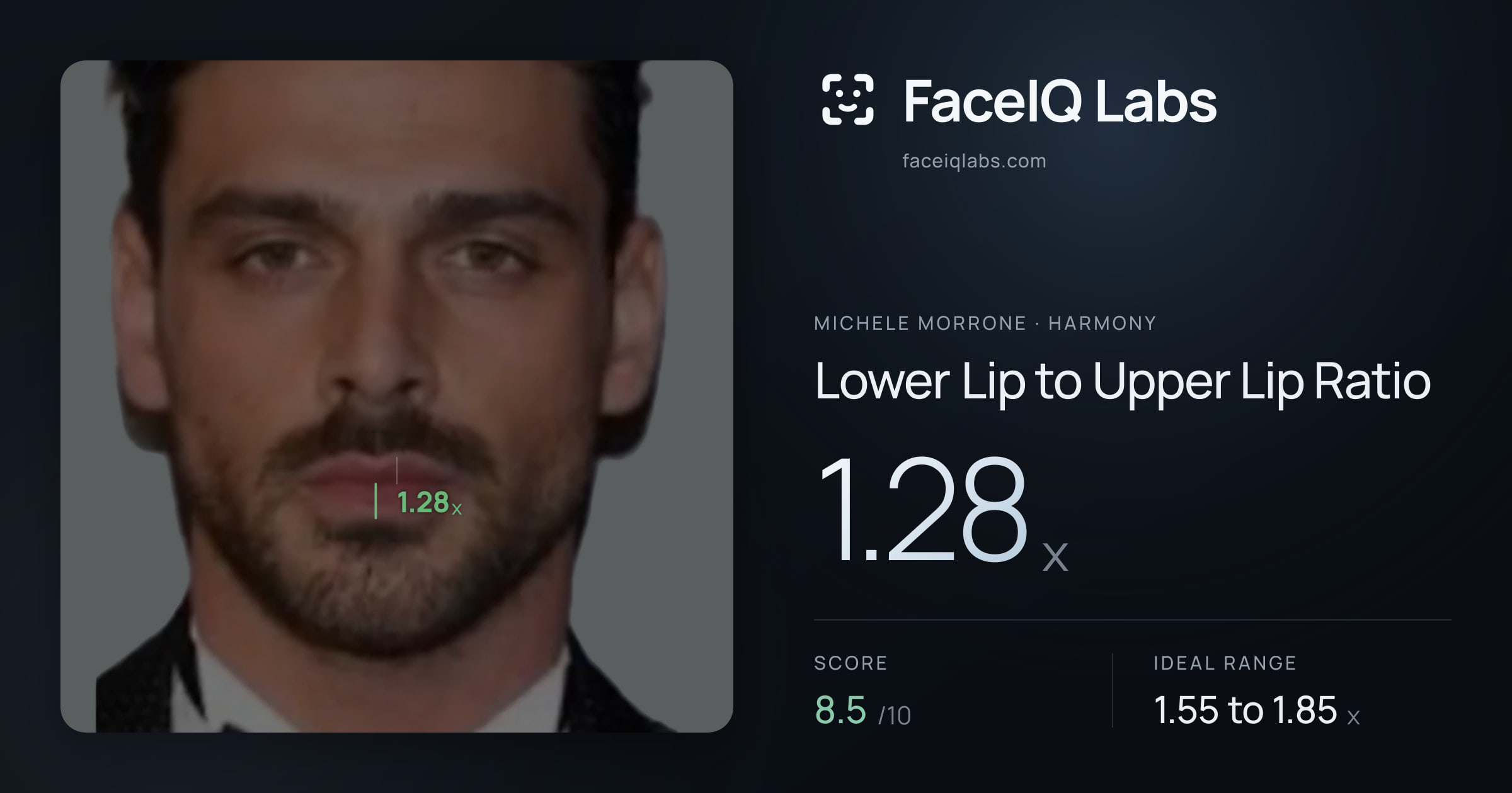 Michele Morrone Lower Lip to Upper Lip Ratio: 1.28x, drawn on the photo