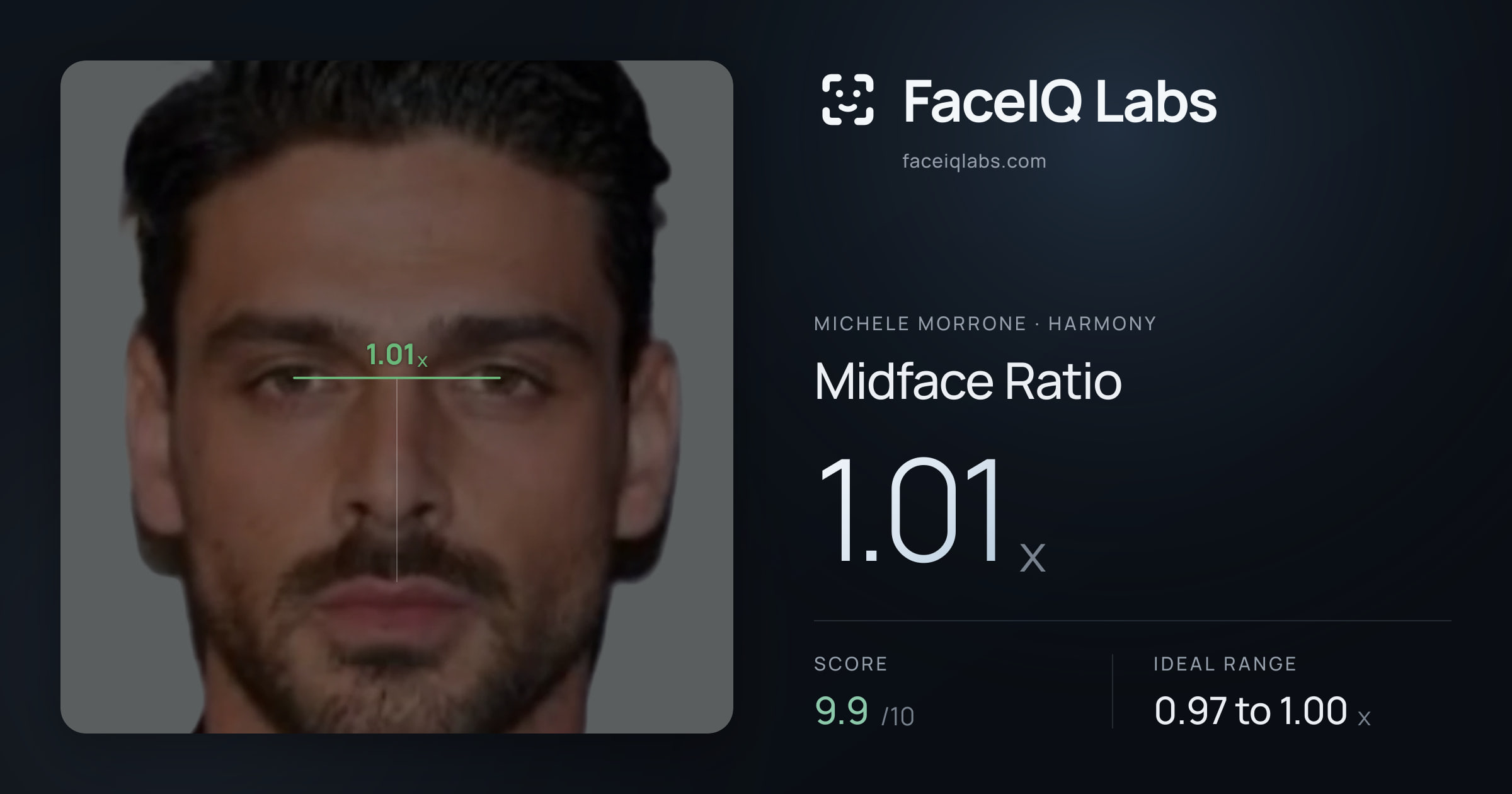 Michele Morrone Midface Ratio: 1.01x, drawn on the photo