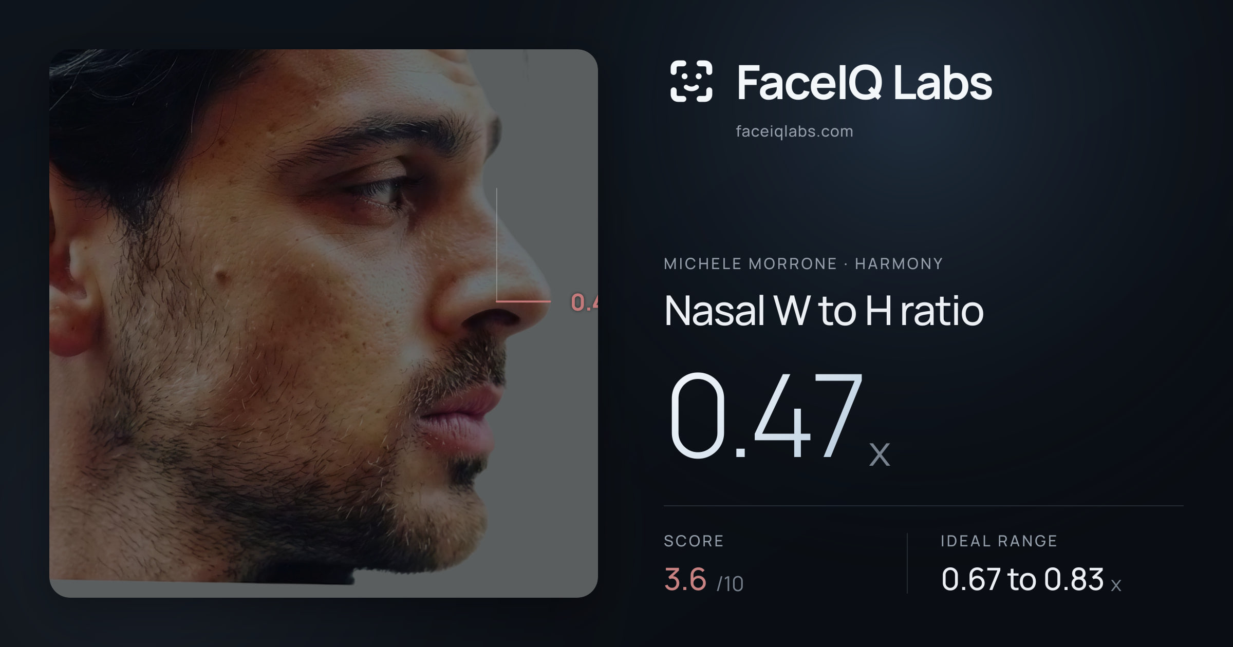 Michele Morrone Nasal W to H ratio: 0.47x, drawn on the photo