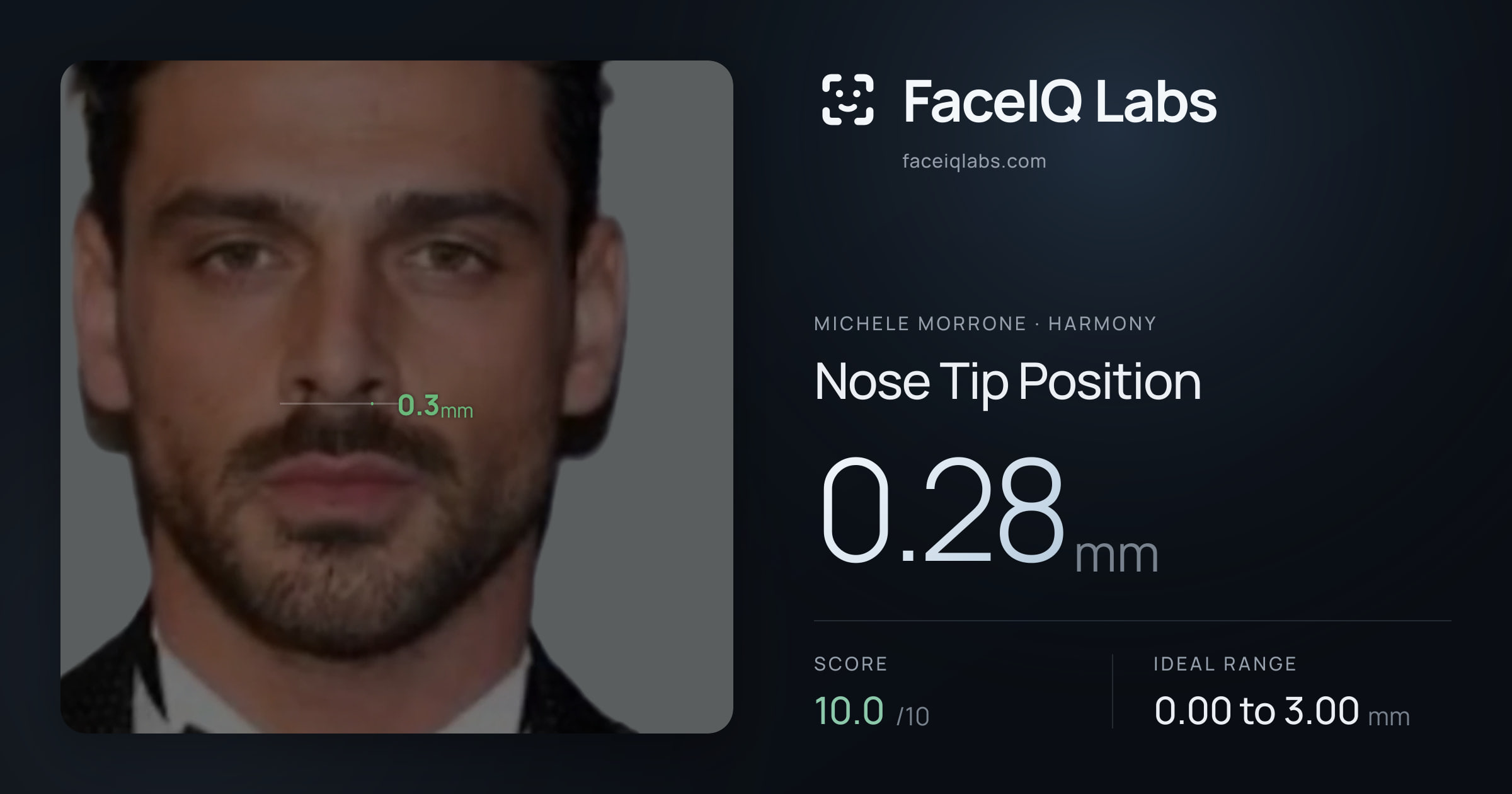 Michele Morrone Nose Tip Position: 0.28mm, drawn on the photo