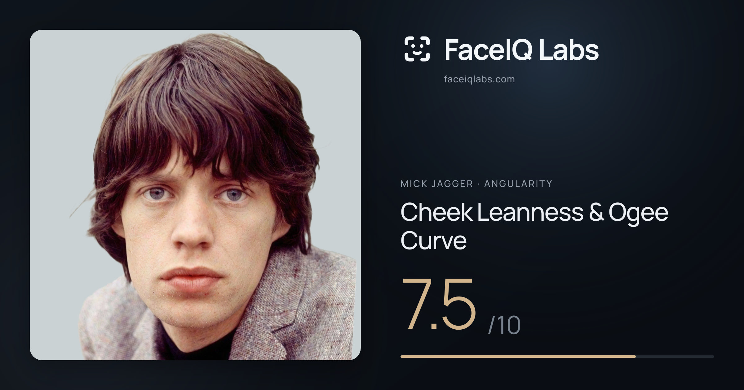 Mick Jagger Cheek Leanness & Ogee Curve: 7.5/10, drawn on the photo