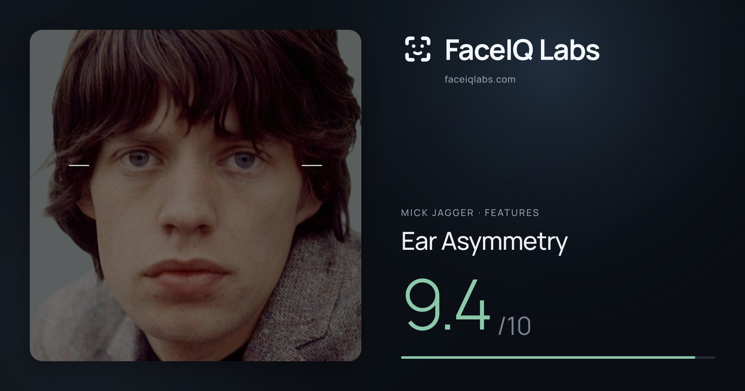 Mick Jagger Ear Asymmetry: 9.4/10, drawn on the photo