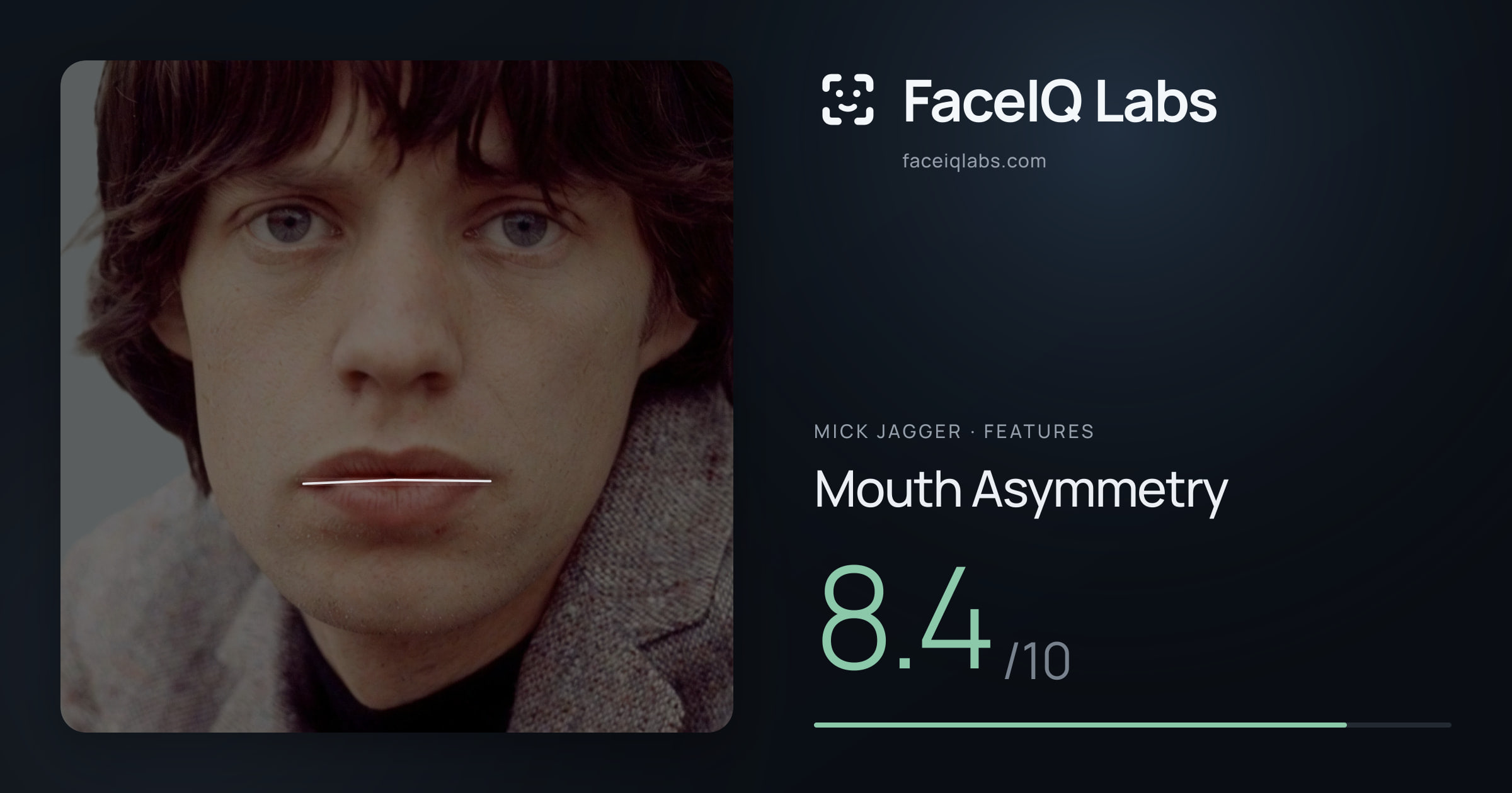 Mick Jagger Mouth Asymmetry: 8.4/10, drawn on the photo
