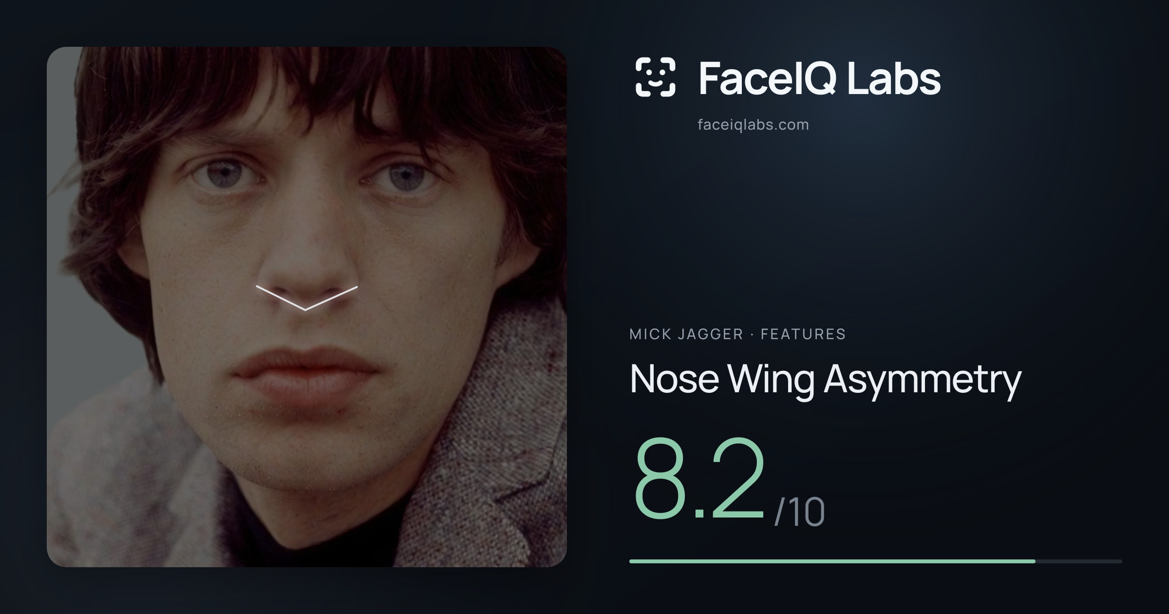 Mick Jagger Nose Wing Asymmetry: 8.2/10, drawn on the photo